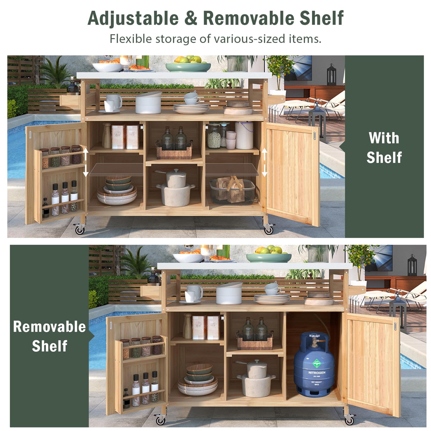 YOPTO Outdoor Kitchen Island,Rolling Bar Cart & Storage Cabinet,Farmhouse Solid Wood Outdoor Grill Table with Stainless Steel Top,Spice and Towel Rack,for Kitchen,Barbecue,Natural,50"