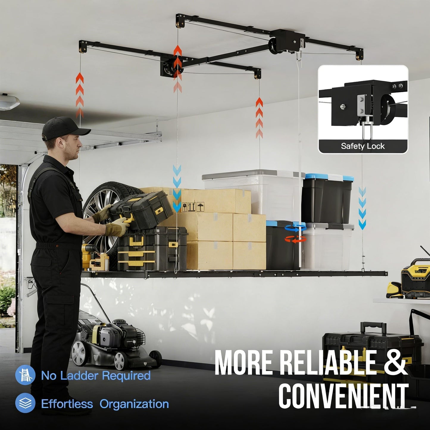 ExploreHorizon 4x8 FT Overhead Garage Lifting Storage Rack, 800 lbs Capacity & 12FT Lifting, Heavy-Duty Metal Garage Ceiling Rack, Dual Mode Lifting, Adjustable Storage System with Safety Lock