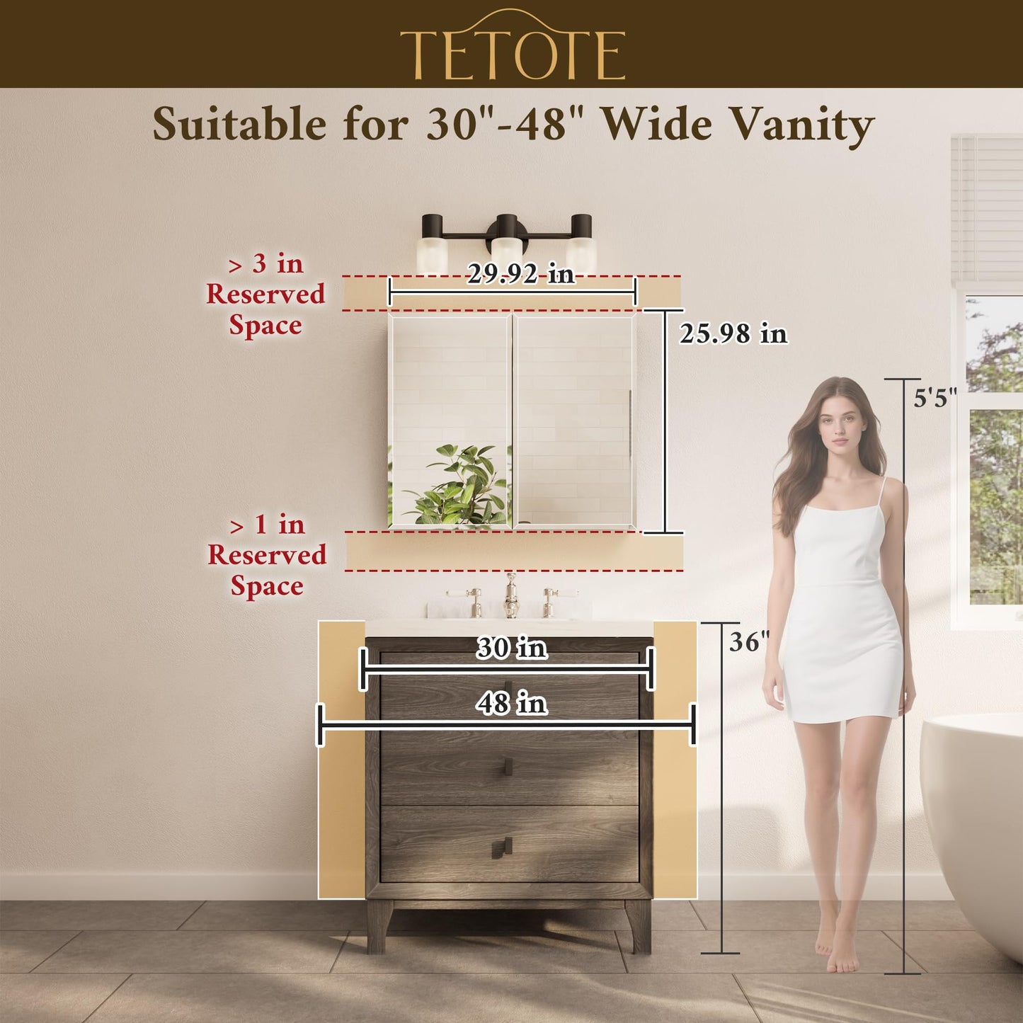 TETOTE 30 x 26 Bathroom Mirror with Storage with Tempered Beveled Mirror Silver Medicine Cabinet Aluminum Cabinet DTC Hinges, Stepless Adjustable Shelves, Recessed/Surface-Mounted