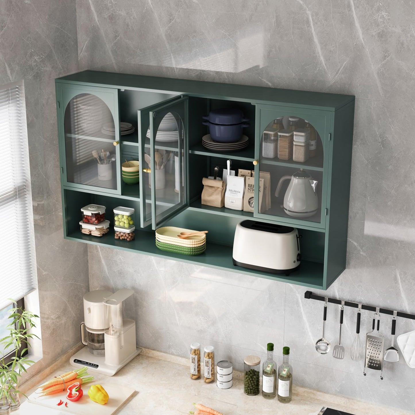 KEIKI 47" Wall Sideboard Buffet Storage Medicine Cabinet with 4 Glass Doors & Shelves, Modern Metal Credenza for Kitchen, Dining, Living Room, Coffee Bar, Entryway