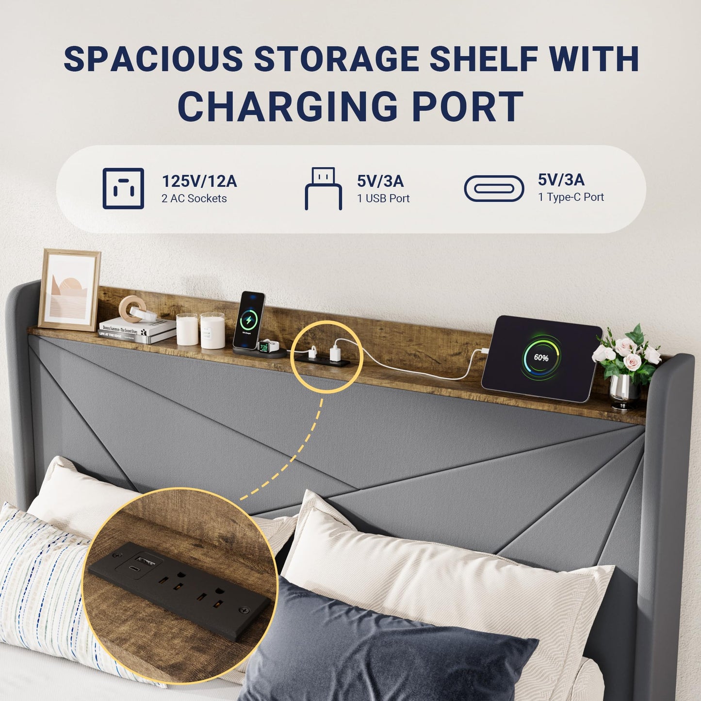 Allewie Queen Size Velvet Bed Frame with 3 Storage Drawers, Upholstered Platform Bed with Wingback Storage Headboard and USB Ports, No Box Spring Needed, Easy Assembly, Grey