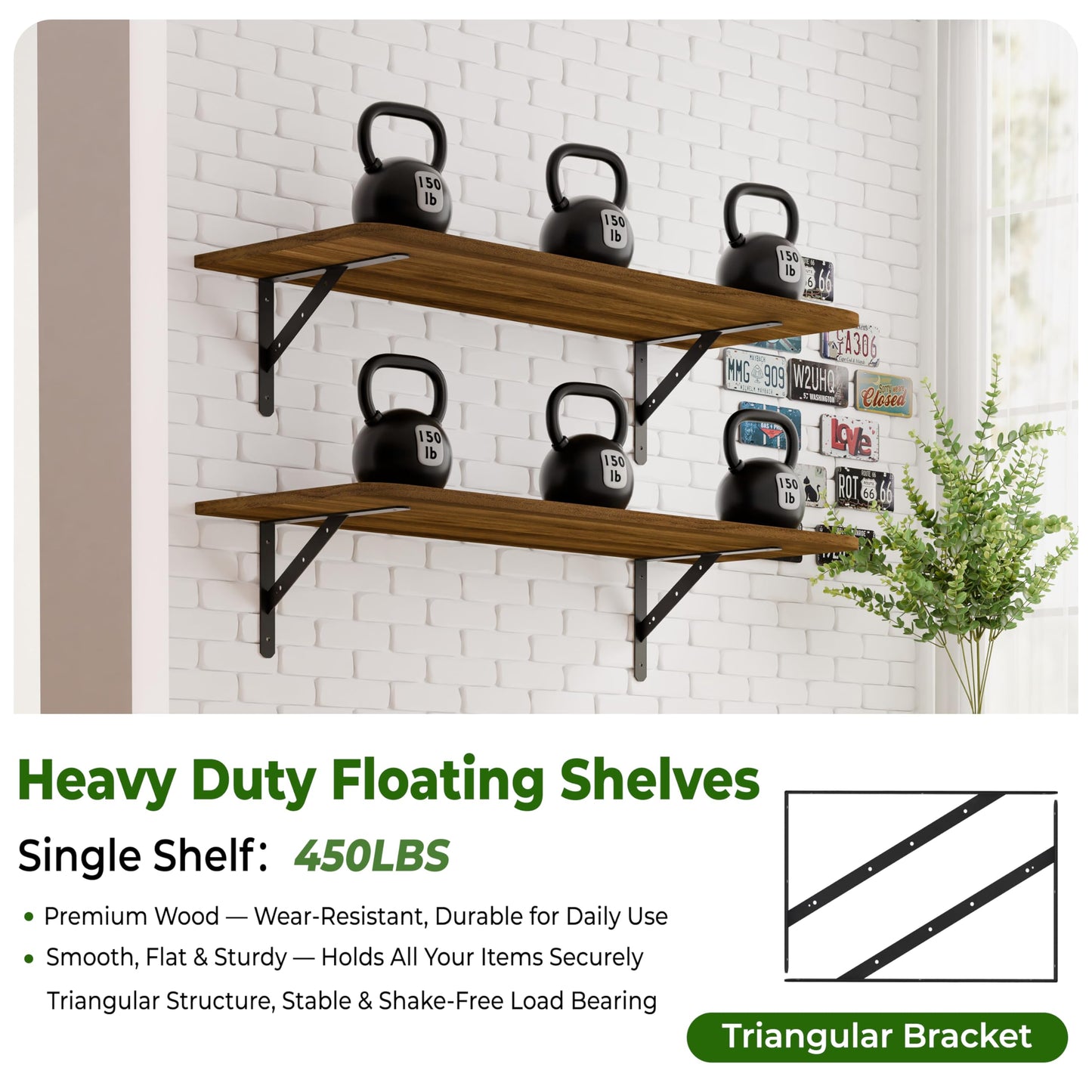 Dogsky 2-Pack Garage Storage Shelving Wall Mounted, 4x2Ft (48x24In) Heavy Duty Wood Floating Wall Shelf, 500lbs Capacity Shelves for Garage, Closets, Utility Rooms and Kitchens, Walnut