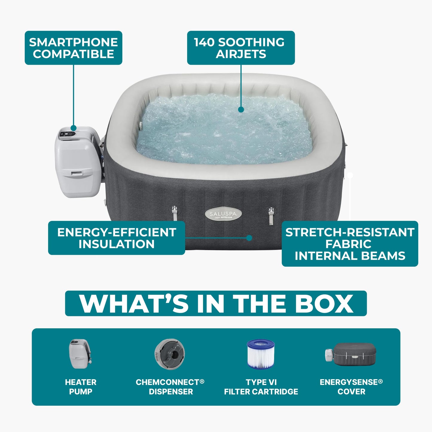 Bestway SaluSpa Hot Springs Inflatable Hot Tub, 4-6 Adults, 140 AirJets, EnergySense Walls & Cover, Smart WiFi App & Spa Control Panel, MaxHold Construction, Stone Grey Knit, 71" x 71" x 28" Square