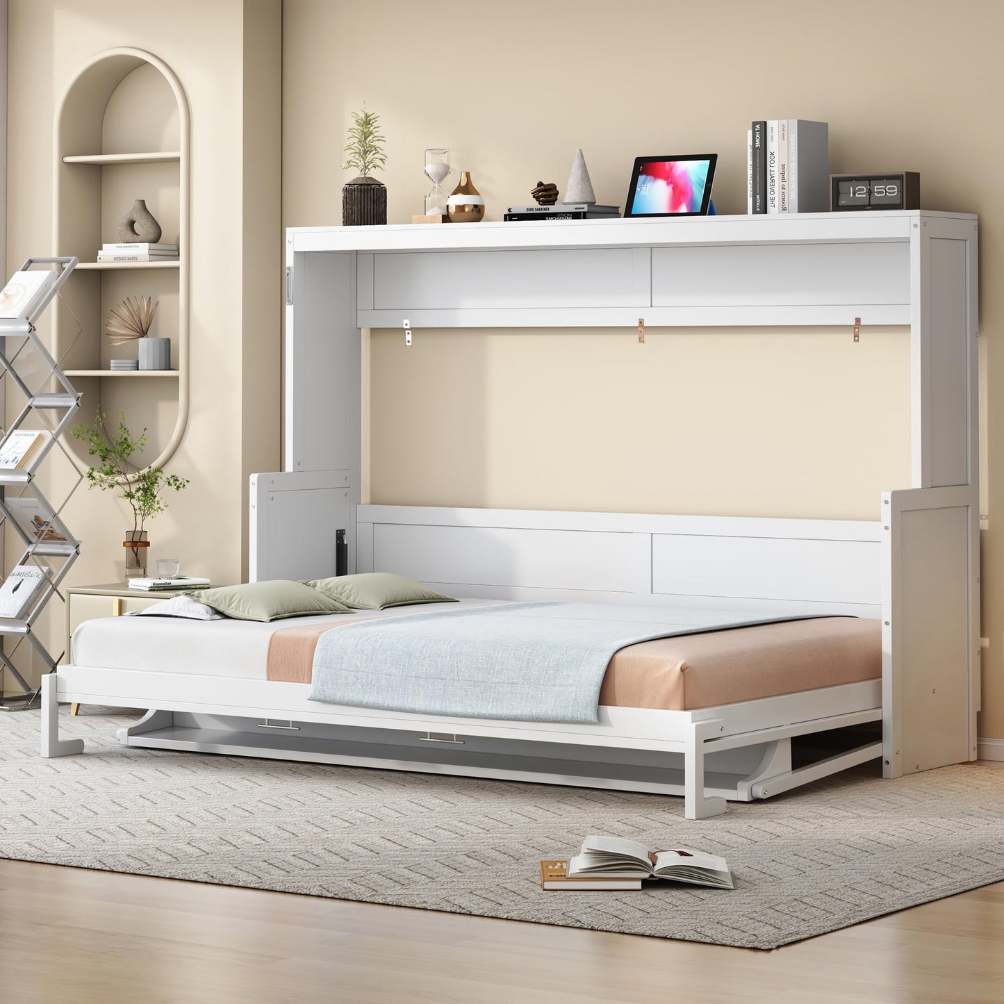 GDFStudio Queen Size Murphy Bed with Desk and Hydraulic Lift, Wall Bed Frame with Foldable Workstation, Space Saving Wooden Cabinet Bed with Mattress Storage for Guest Room, White