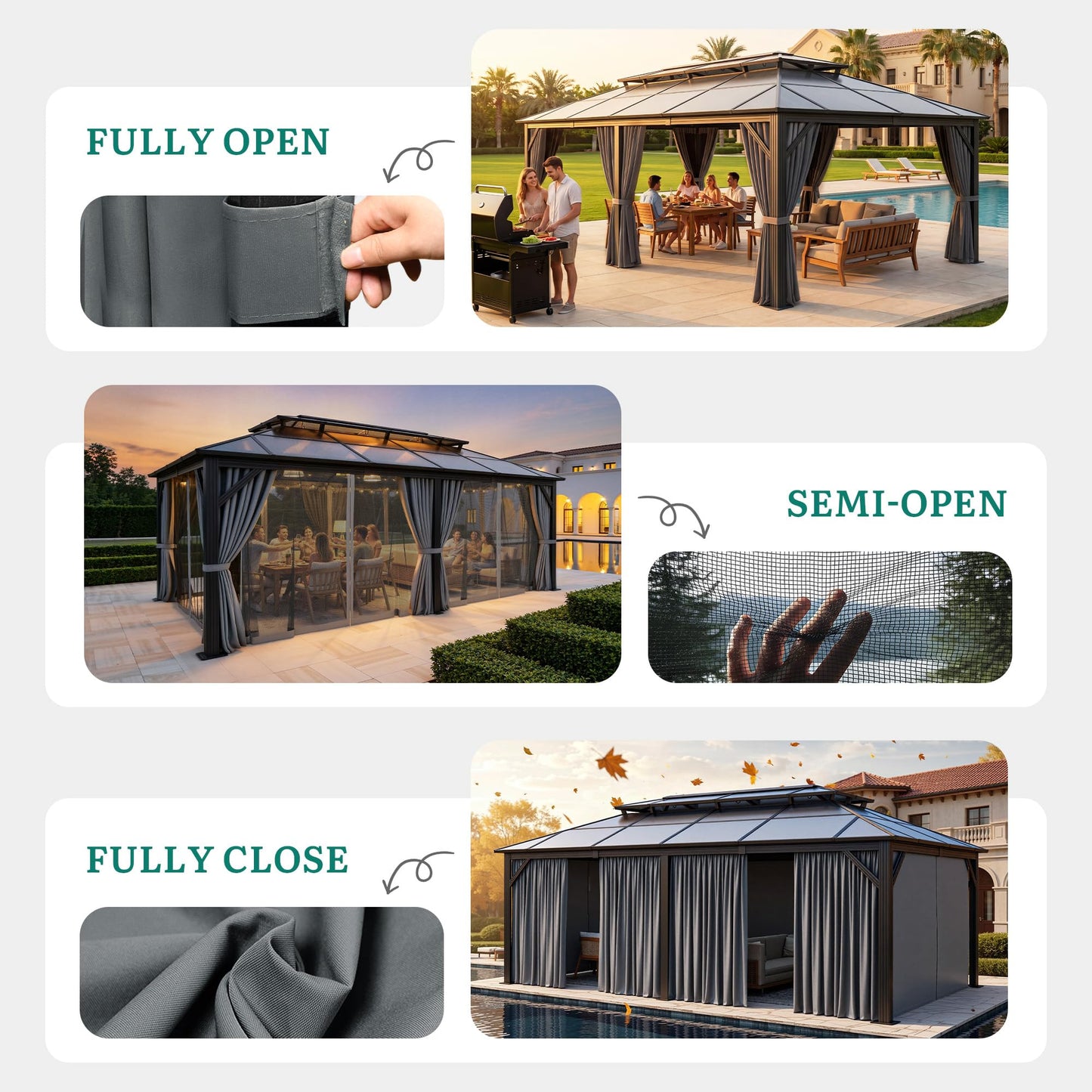 YITAHOME 12x20FT Gazebo Polycarbonate Hardtop Double Roof Canopy Outdoor with Netting and Shaded Curtains, Metal Frame Garden Tent for Patio, Backyard, Deck and Lawns, Grey