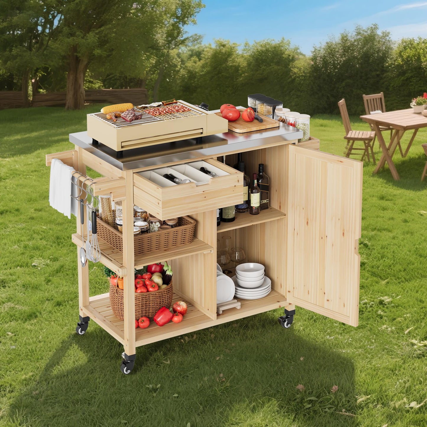 Outdoor Grill Cart with Wheels & Storage Cabinet – Movable Stainless Steel BBQ Prep Table, Portable Kitchen Island for Grilling, Backyard, Patio, Camping – Heavy Duty Dining Cart for Food Prep