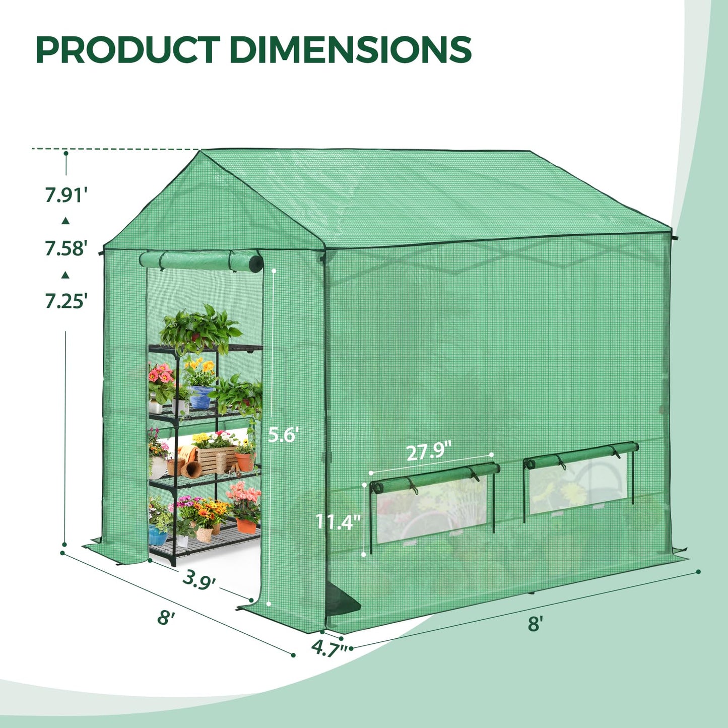 INTER HUT 8x8 Pop Up Greenhouse, Instant Walk in Green House with PE Cover, Power Ports, Roll up Doors & Windows for Indoor Outdoor Plant Growing, Green