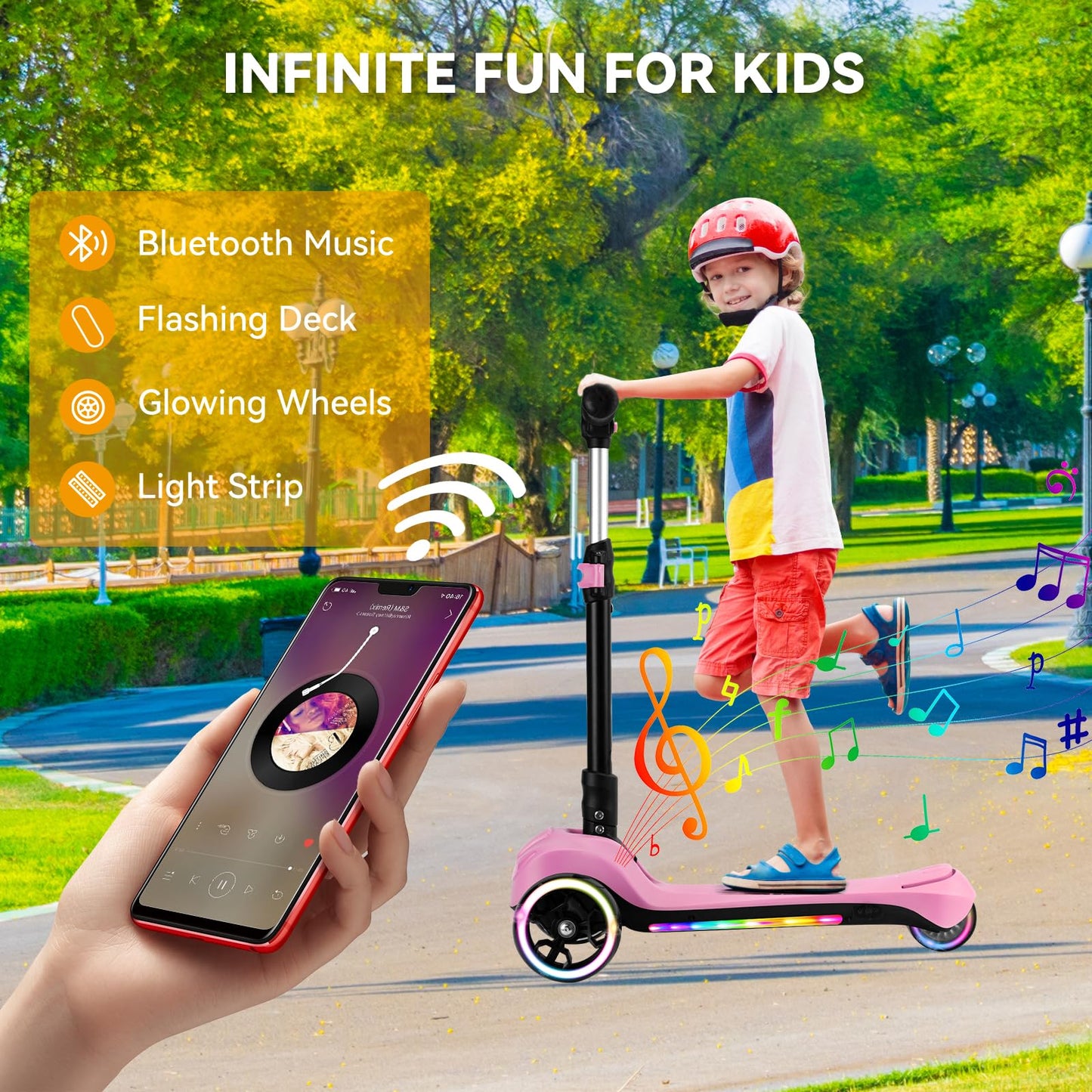 24V Electric Scooter for Kids w/150W Powerful Motor, Thumb Throttle, LCD Screen, Bluetooth, Light-Up Stem Deck & Wheels, 3 Adjustable Heights, 5MPH Safe Speed, 3 Wheel Electric Scooter for Kids, Pink
