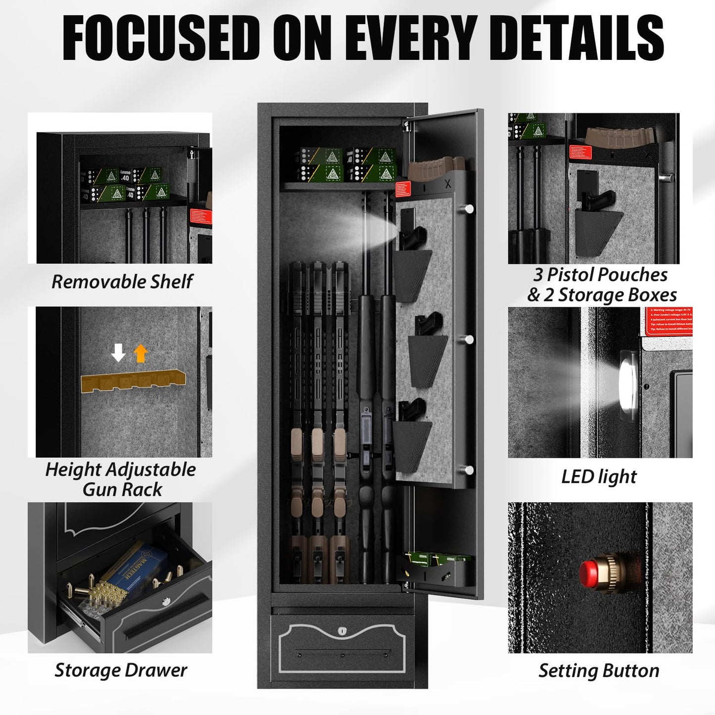 Zevemomo Gun Safes, 8 Gun Cabinet Rifle Safe for Home, Quick & Easy Access Gun Safe for Rifles and Pistols with LED Light & Drawer, Electronic Lock(No assembly required)