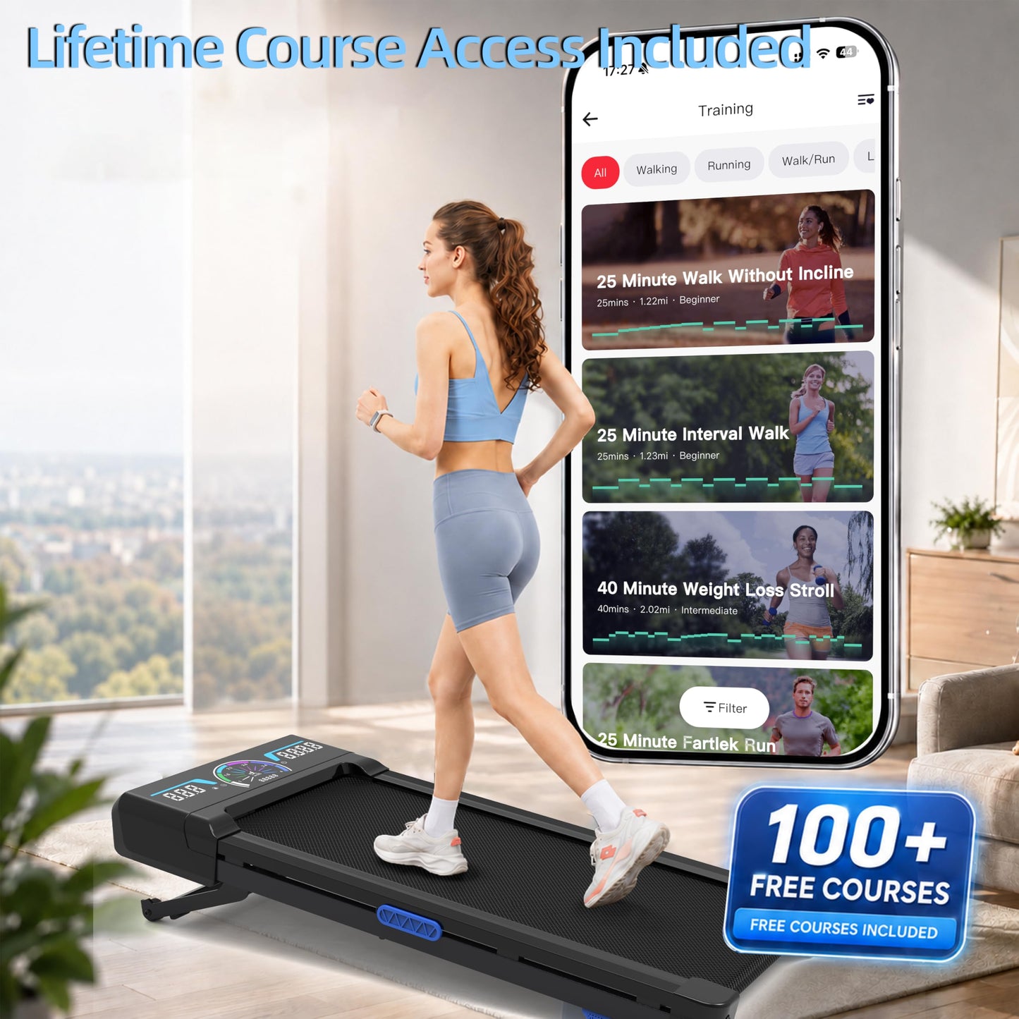 TRAILVIBER Walking Pad with 12% 9-Level Auto Incline, Smart App No Subscription, 450lbs Capacity, RGB LED Screen, Bluetooth Speaker, Compact Portable Under Desk Treadmill for Home Hiking, Blue