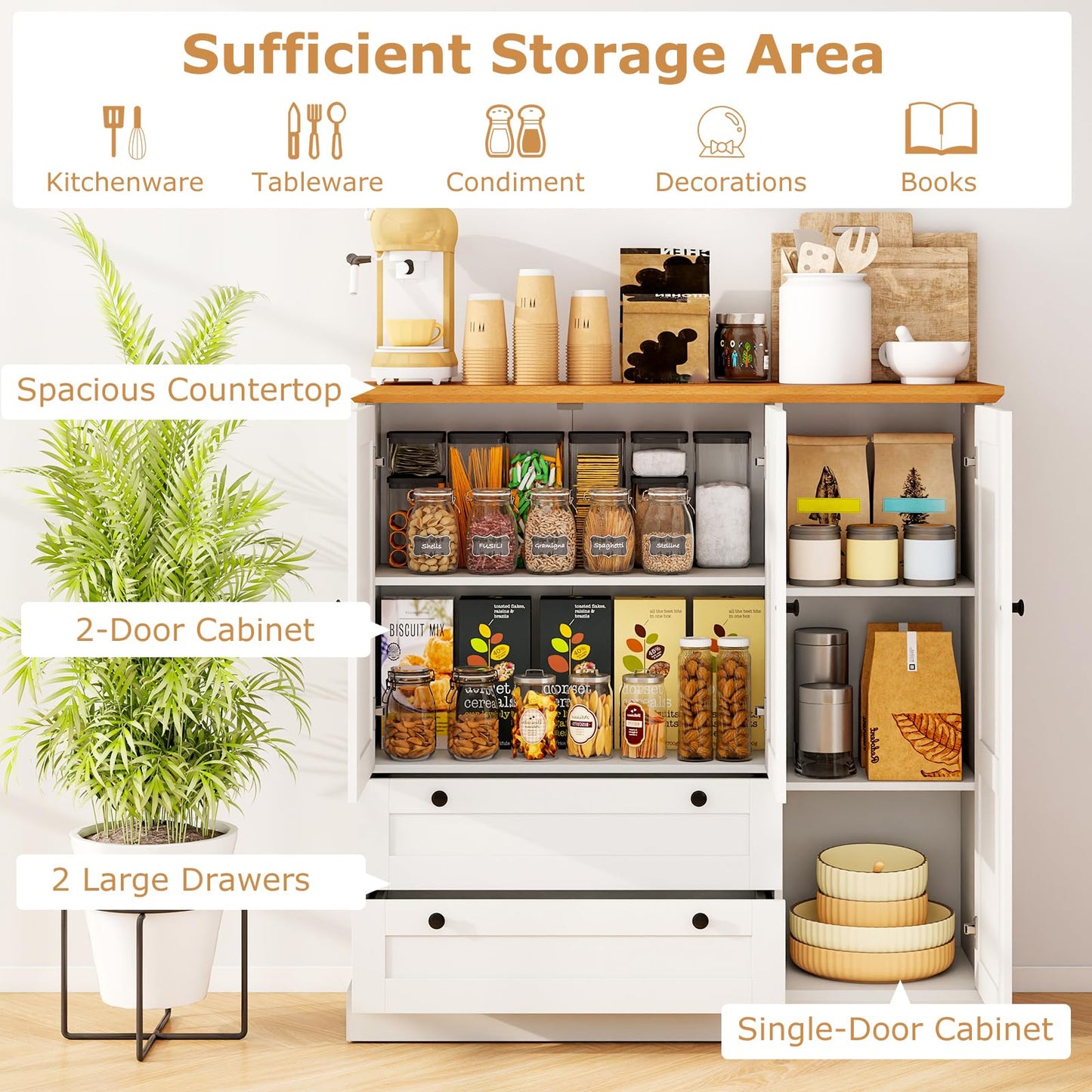 LOKO 47.5” Tall Buffet Cabinet with Storage, Modern Storage Cabinet with 3 Doors & 2 Large Drawers, Farmhouse Kitchen Pantry with Removable Shelf for Dining Room, Living Room, Home Bar