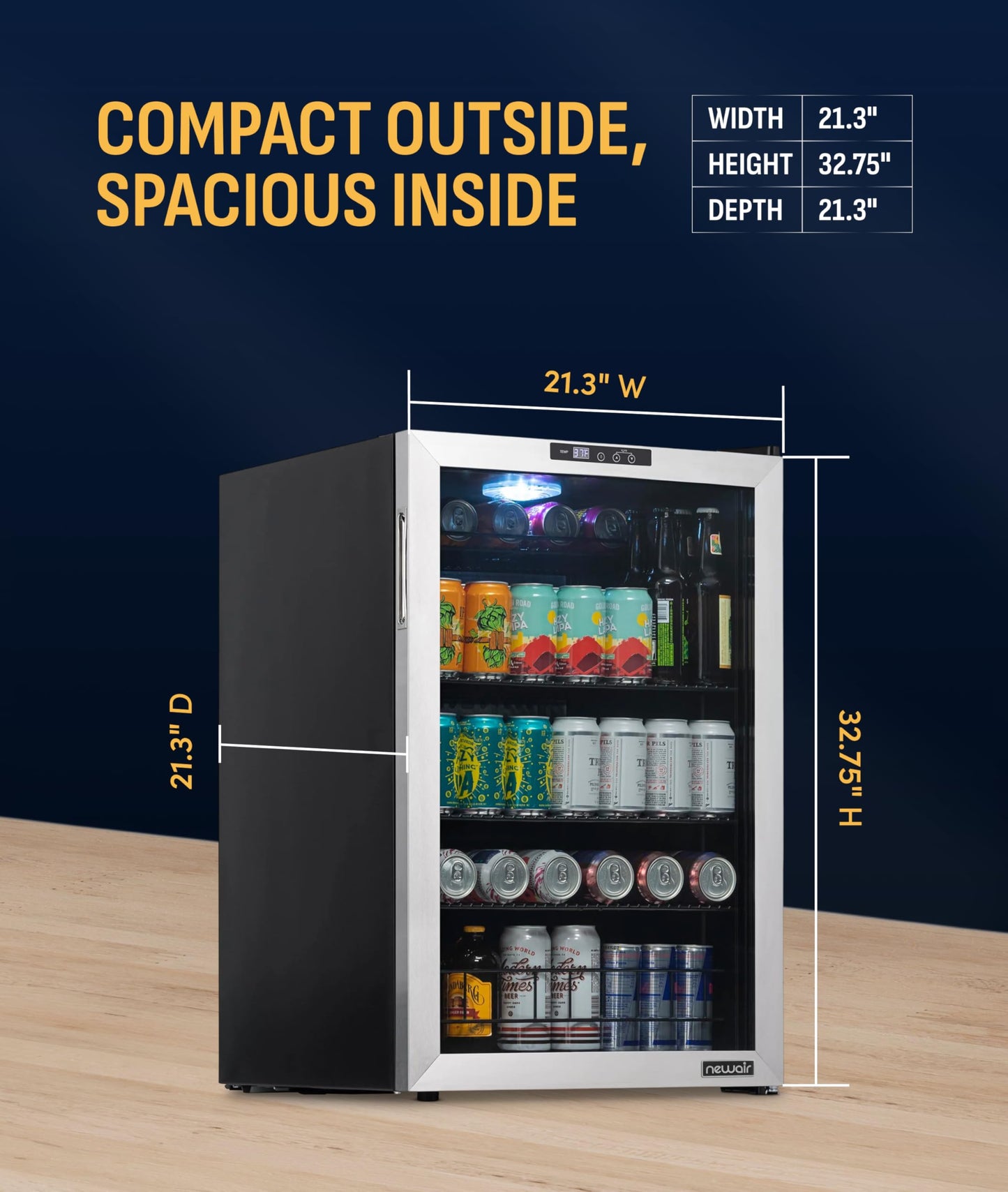 NewAir 160 Can Beverage Refrigerator | Freestanding Small Mini Fridge for Bedroom, Home Bar or Living Room | SplitShelf Storage, Digital Thermostat & LED Light | Stainless Steel