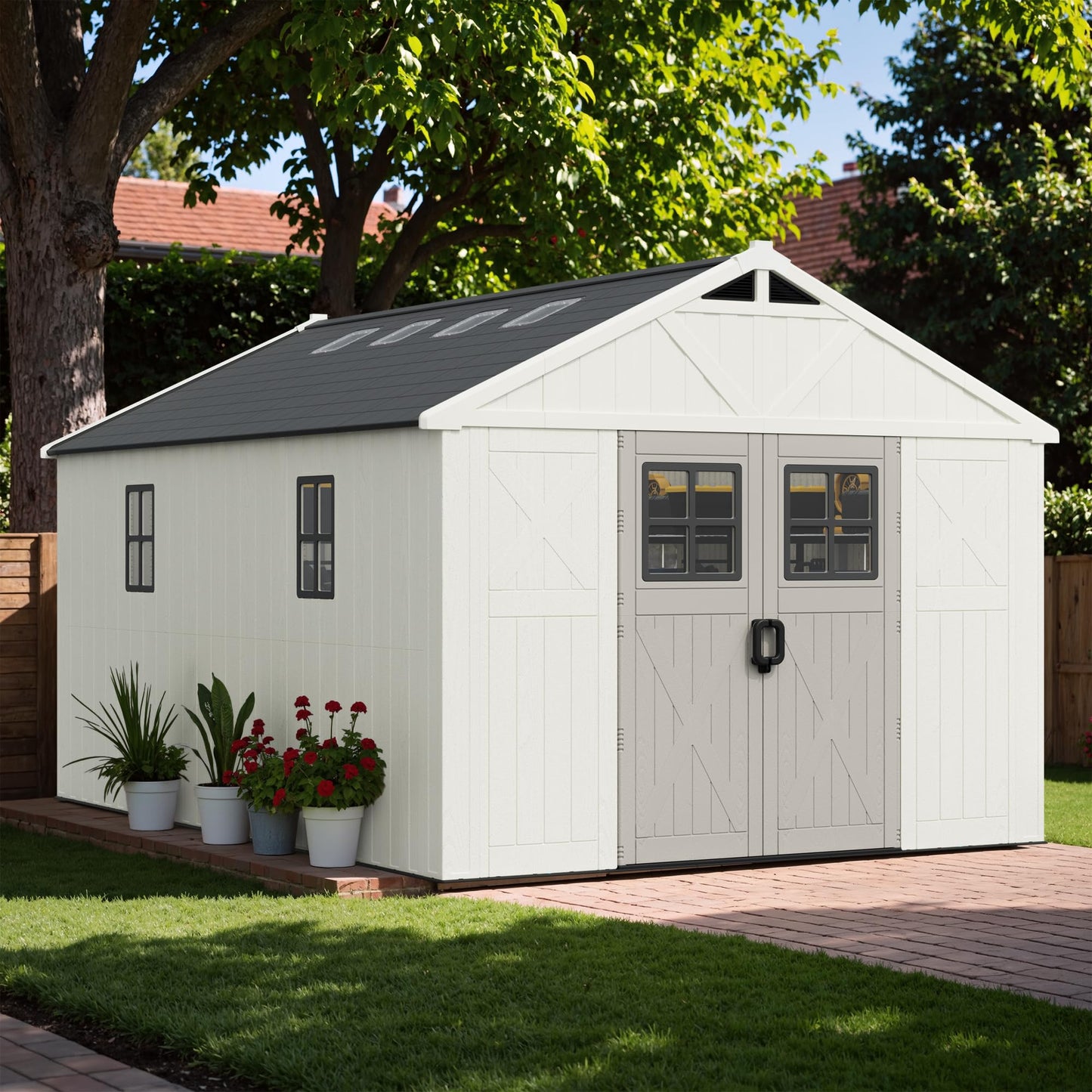 Greesum 10×14FT Plastic Outdoor Storage Shed with Floor and Lockable Door, Resin Sheds with 6-Windows and Multiple Skylights, Organization for Garden, Lawn, Backyard, Beige