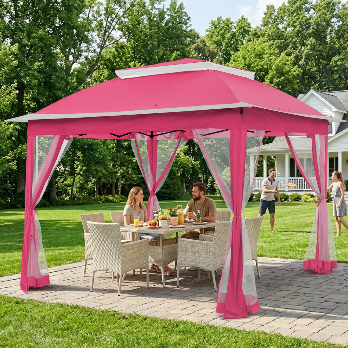COOS BAY 11x11 Pop Up Gazebo with Mesh Netting, Instant Outdoor Canopy Tent, Water Resistant Shelter with UPF 50+ UV Protection, 121 Sq Ft Coverage, Dark Pink