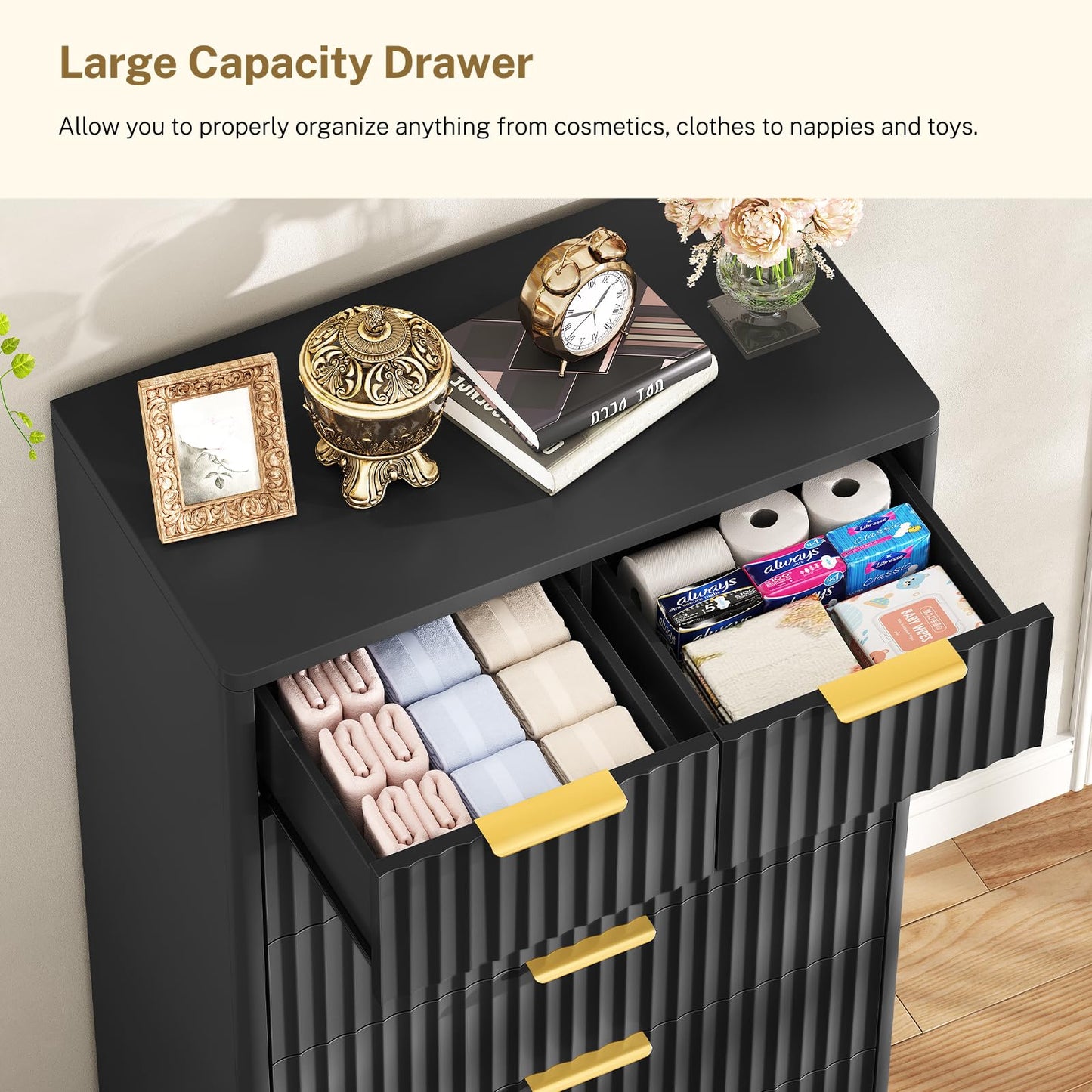 TEENOFN Fluted Dresser for Bedroom with 7 Drawers, 48" Tall Modern Chest of Drawers with Metal Handle, Wooden Dresser TV Stand, Wood Closet Clothes Storage Organizer for Living Room, Hallway, Black