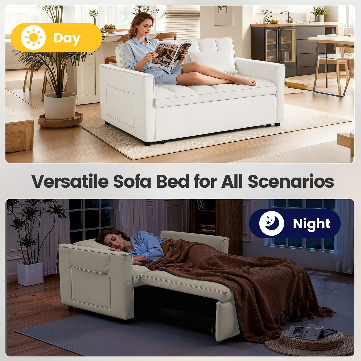 Trygoal 3 in 1 Convertible Sofa Bed, Loveseat Sleeper Sofa with Large Side Pockets, Pull Out Couch with Adjustable Backrest, Easy Assembly, Velvet Couch Bed for Small Spaces, Apartment, White