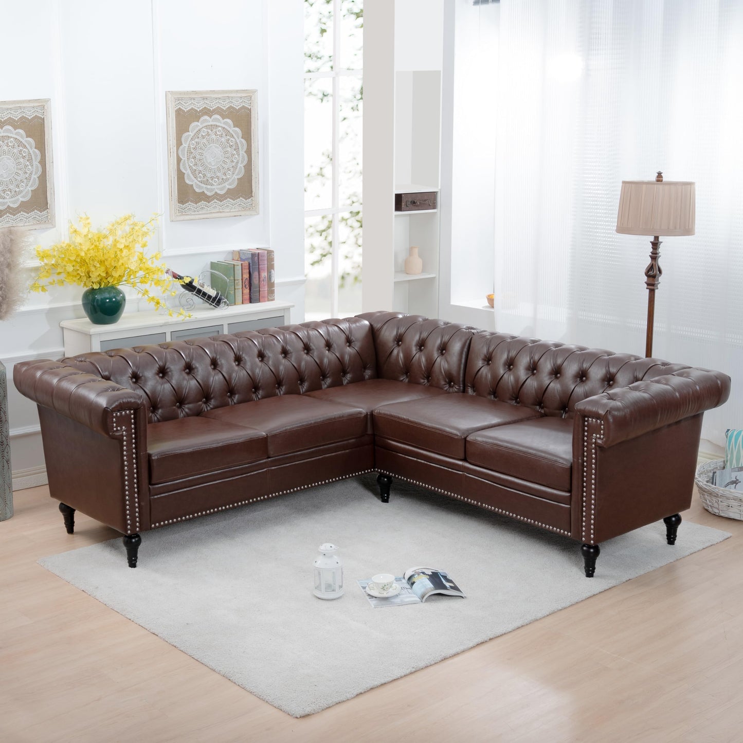 GDFStudio 85" x 85" L-Shaped Chesterfield Sectional Sofa, Tufted PU Leather Corner Couch with Rolled Arms, 5 Seat Mid-Century Modern Sectional Sofas & Couches for Living Room Bedroom, Dark Brown