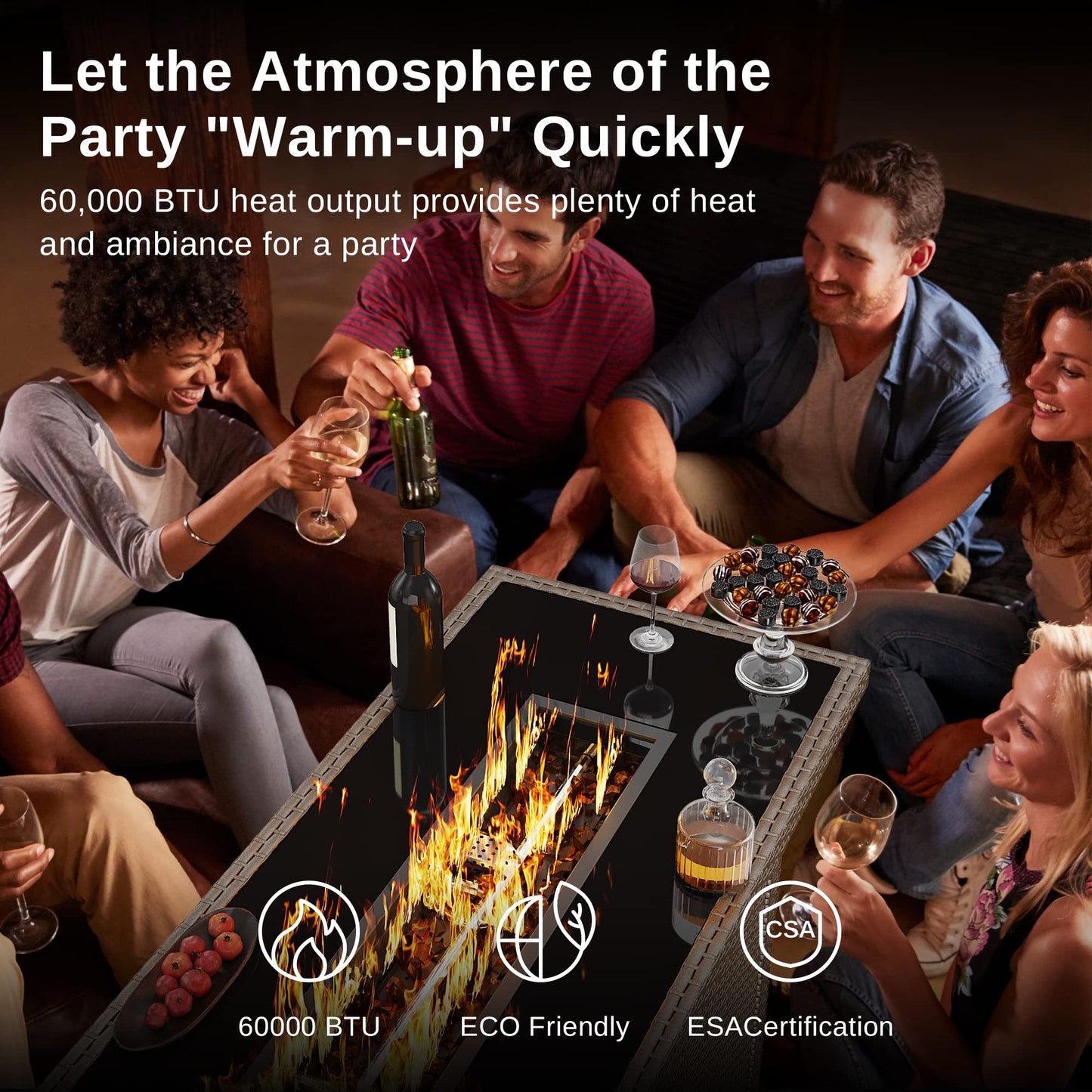 EAST OAK 57" Gas Fire Pit Table, 60,000 BTU Propane Fire Pit w/Large Tempered Glass Desktop, CSA Certified Outdoor Patio Fire Table with 9.2lb Glass Stone & Removable Lid, Chocolaty Coffee