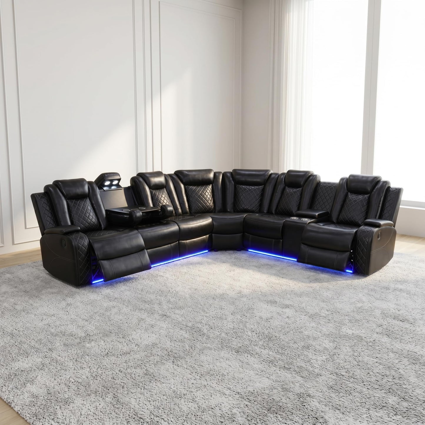 Trygoal Power Reclining Sectional Sofa Set, Modern L-Shaped Couch with USB Charging, 4 Seat Power Reclining Sofa, Reclining Sectional Couches for Living Room, Home, Office, Leather, Black