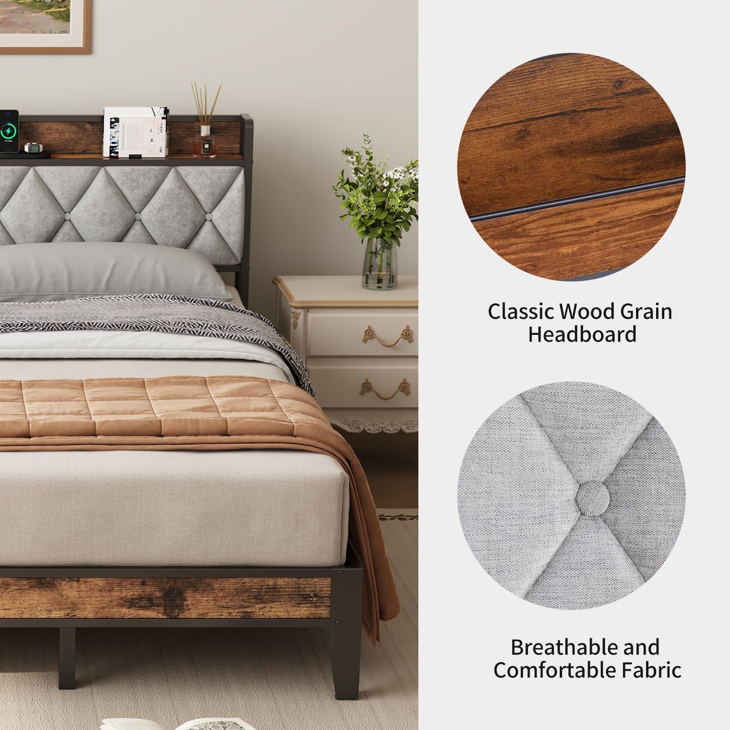 DUMOS King Size Upholstered Platform Bed Frame, King Bed with Storage Drawers and Fabric Headboard, Wooden Slats Support, 1323 lbs Weight Capacity, No Box Spring Needed, Easy Assembly, Gray