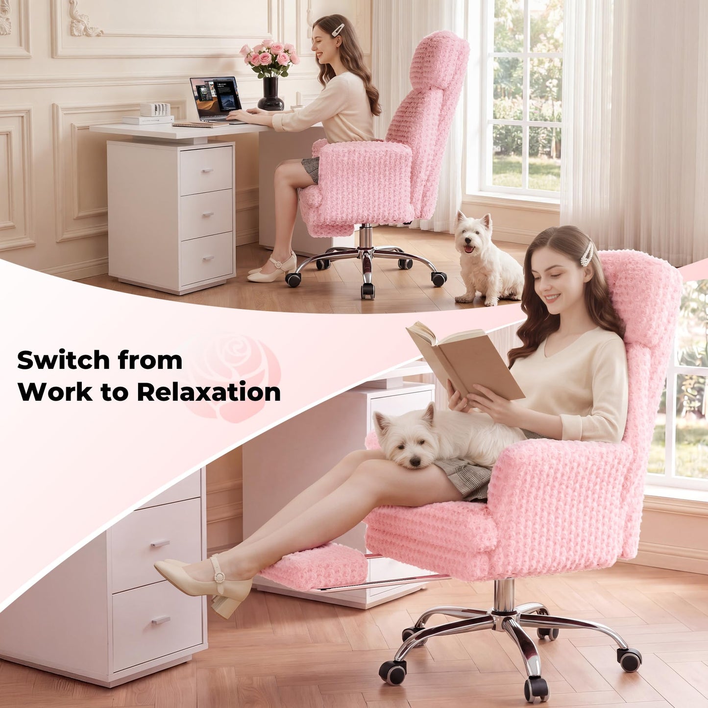 HOMRELEXA Big and Tall Office Chair, Flip Armrests for Pets & Cross Legged Sitting, Executive Ergonomic Computer Gaming Chair with Foot Rest, Rose Velvet Pink Wide Seat Reclining Desk Chair