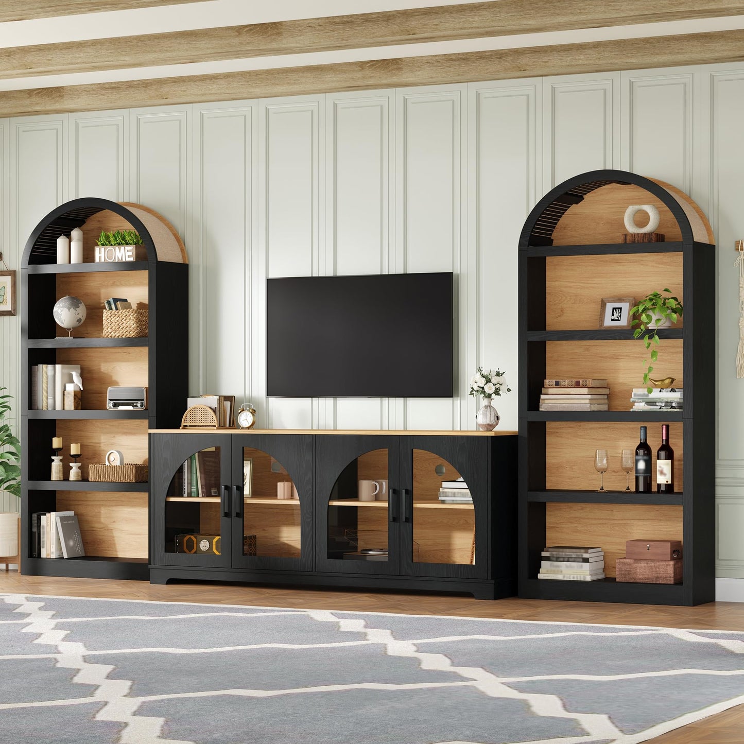 Merax Vintage Farmhouse TV Stand Set for TVs Up to 70" with Bookshelves, Two-Tone & Arched Design Entertainment Center with Tempered Glass Doors, 3-Piece Retro Media Console Sideboard, Black
