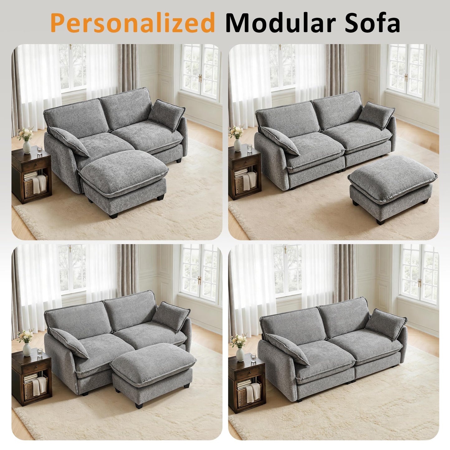 MCombo 82" Oversized Cloud Sectional Couch, Sectional Sofa with FSC Certified, Loveseat Couch with Ottoman for Living Room, Chenille S0701 (Grey)