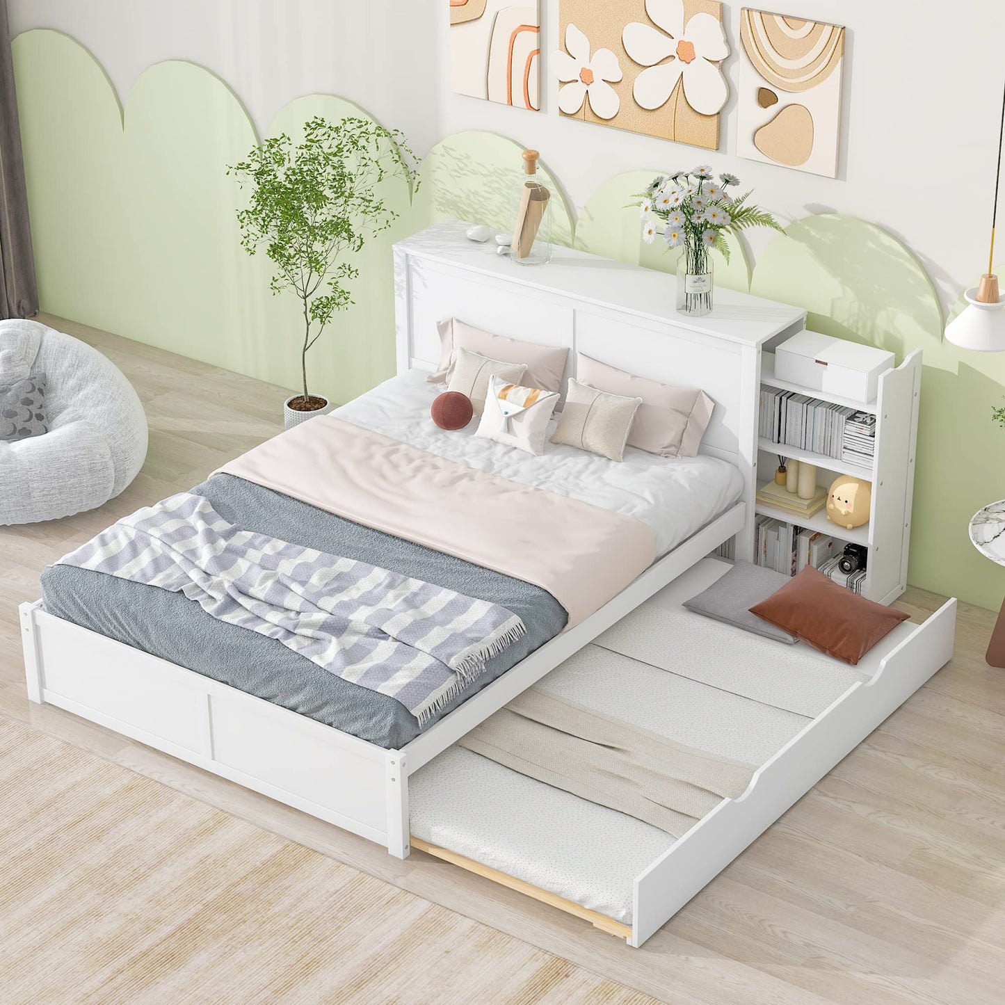 Acosure Queen Size Storage Platform Bed with Pull Out Shelves and Twin XL Size Trundle,Bedroom Wood Bed Frame W/Headboard,No Box Spring Required,for Kids Teens Girls Boys,White