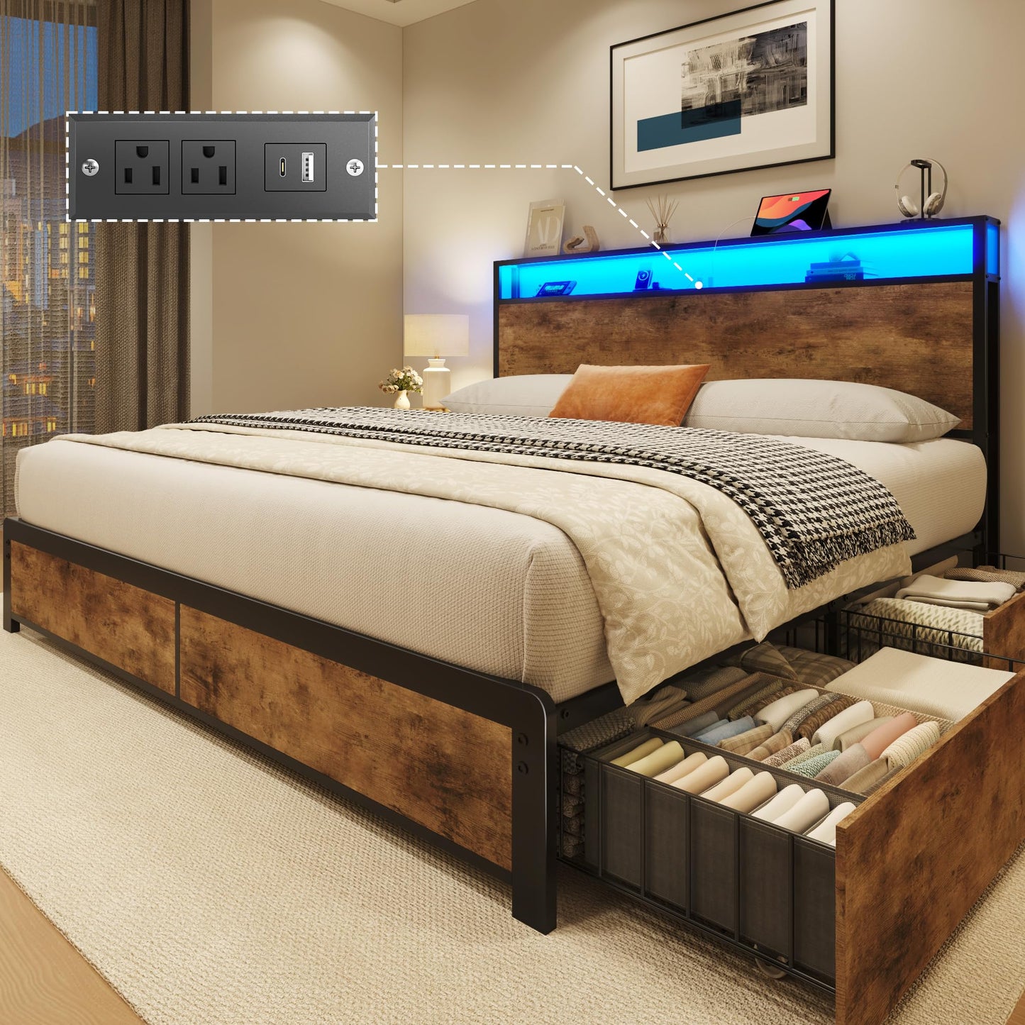 Lifezone Queen Bed Frame with 2-Tier Storage Headboard, Metal Platform Bed Frame with 4 Storage Drawers, Built in Charging Station & LED, Noise-Free/Metal Support/No Box Spring Needed,Rustic Brown