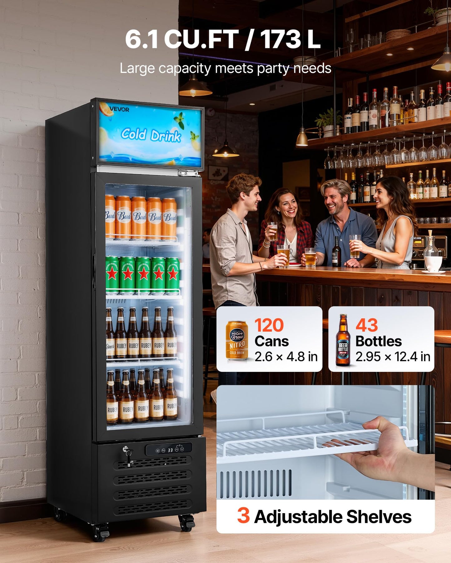 VEVOR Commercial Merchandiser Refrigerator, 6.1 Cu.Ft / 173 L Glass Door Display Refrigerator, Upright Beverage Cooler with Customizable Lightbox, 3 Adjustable Shelves & Soft LED Light for Homes Shops