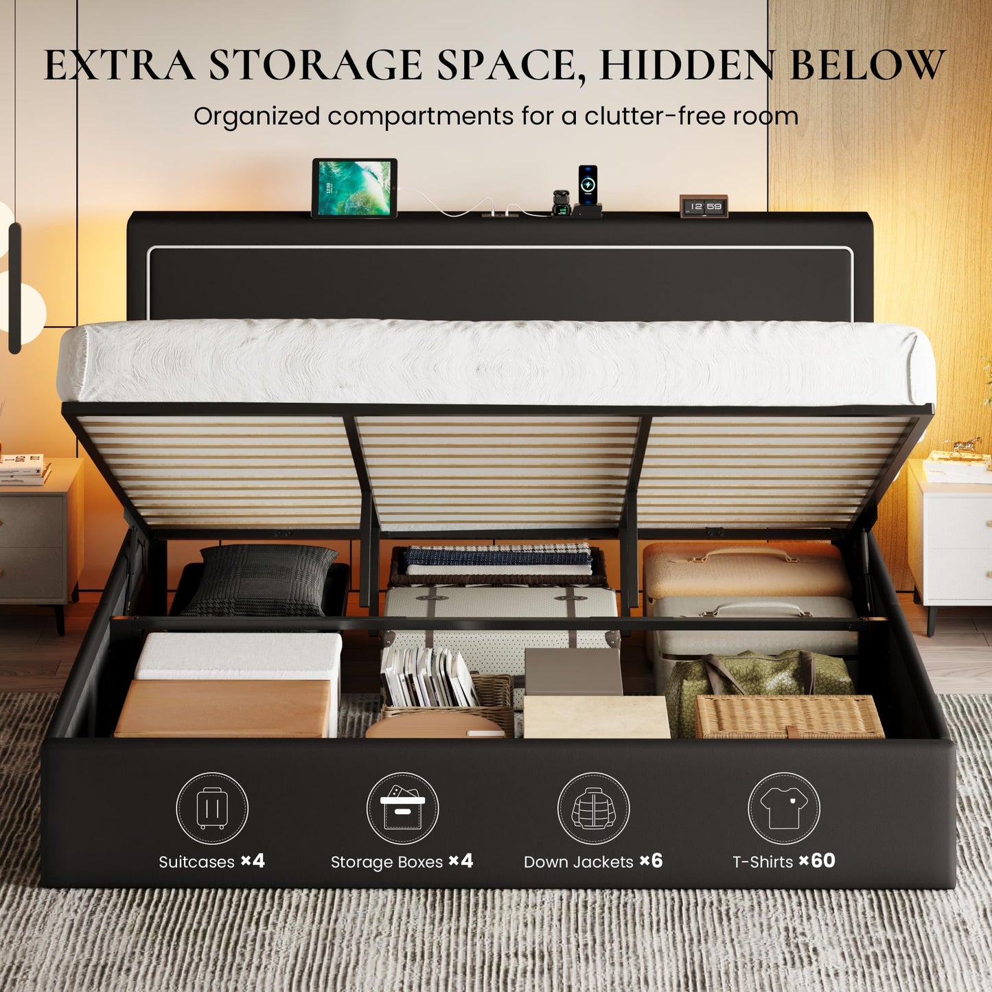 SHA CERLIN King Size Hydraulic Lift-Up Storage Platform Bed Frame with Charging Station, RGB LED Lights, Adjustable Velvet Headboard, USB-A and USB-C Ports, No Box Spring Needed, Black