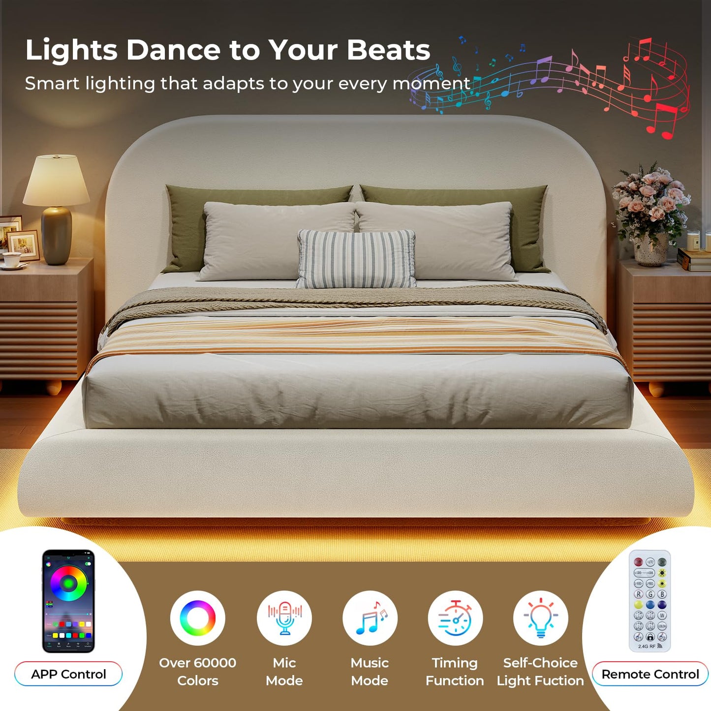 Hizyrina King Size Floating Cloud Bed Frame with 5" Thick Headboard & RGB LED Lights, Upholstered Platform Bed, Soft Rounded Corner, Metal Slat Support, Noise-Free, No Box Spring Needed, Beige