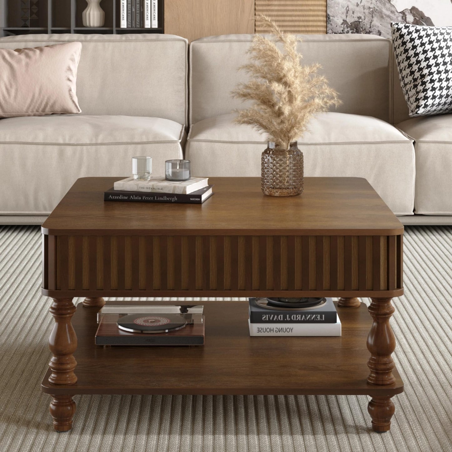 KEIKI 31.5" Square Lift Top Wood Coffee Table with Hidden Storage,Hydraulic Raising Mechanism Retro Style for Living Room