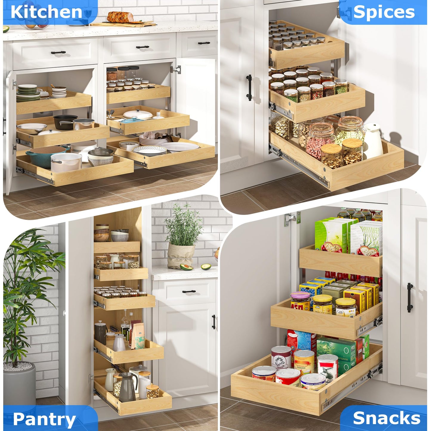 WelFurGeer 3-Tier Pull Out Cabinet Organizer with Soft Close, Heavy-Duty Pull Out Drawers for Cabinets, Slide Out Shelf for Kitchen, Pantry, Bathroom & Under Sink, Solid Birch Wood