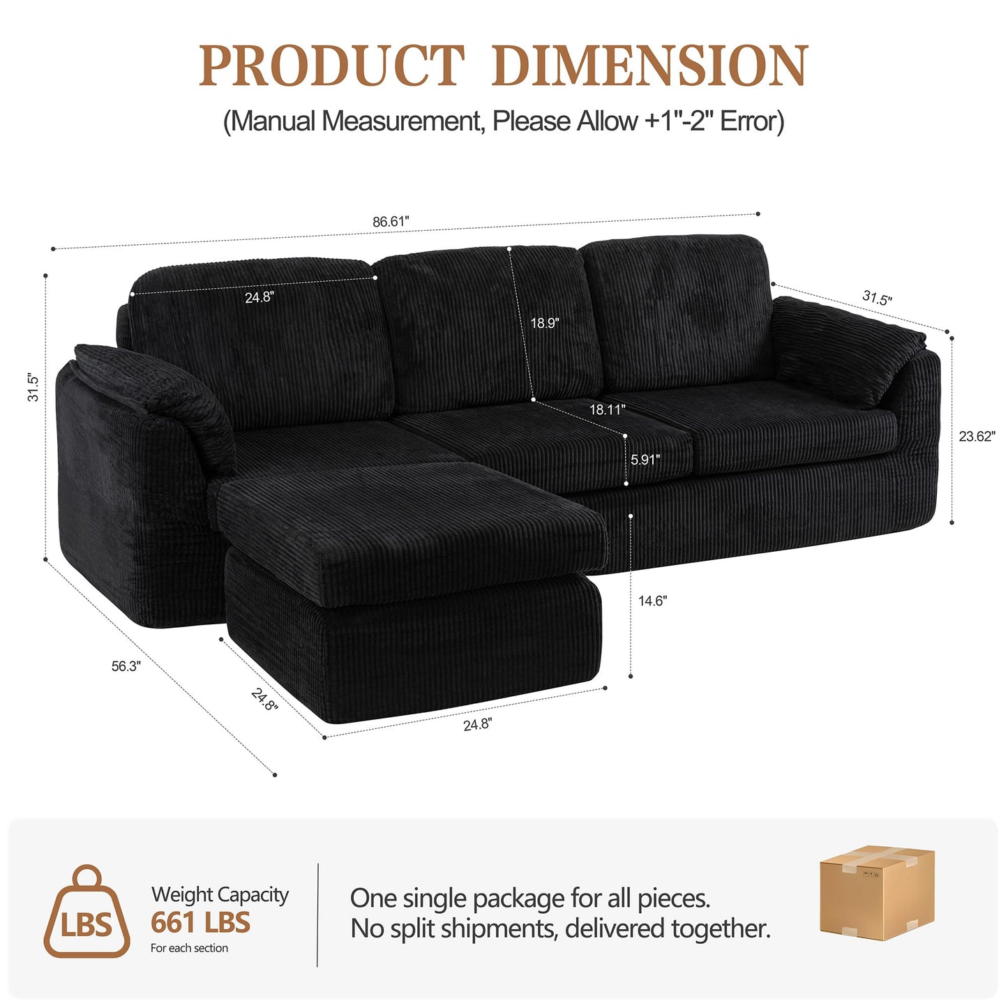 Vongrasig Boneless Convertible Sectional Sofa Couch, 3 Seat L Shaped Sofa with Removable Pillows Plush Corduroy Fabric Small Couches for Living Room, Apartment and Office, Black