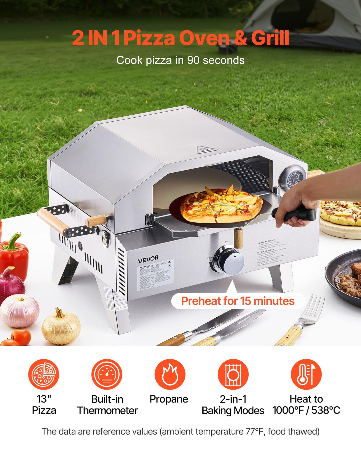 VEVOR 2 IN 1 Outdoor Pizza Oven, 13 in Propane Pizza Oven & Grill, 12,000 BTU Tabletop Propane Gas Oven with Pizza-Stone, Thermometer, Stainless Steel Portable Grill, for Camping & Backyard