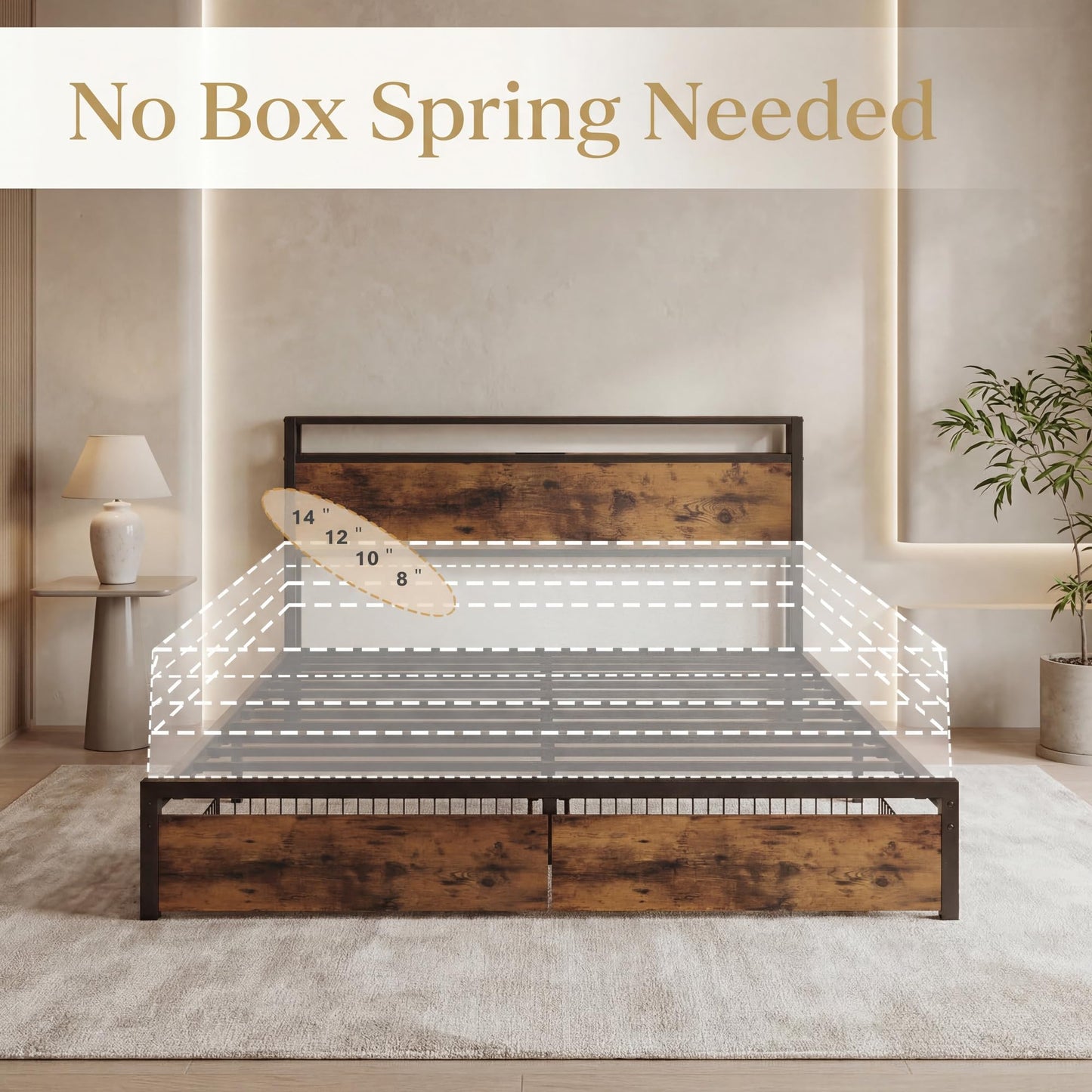 LIKIMIO King Size Bed Frame with Storage Headboard, Platform King Bed with 2 Drawers and Charging Station, Heavy-Duty Metal Slats, No Box Spring Needed, Easy Assembly, Retro Brown