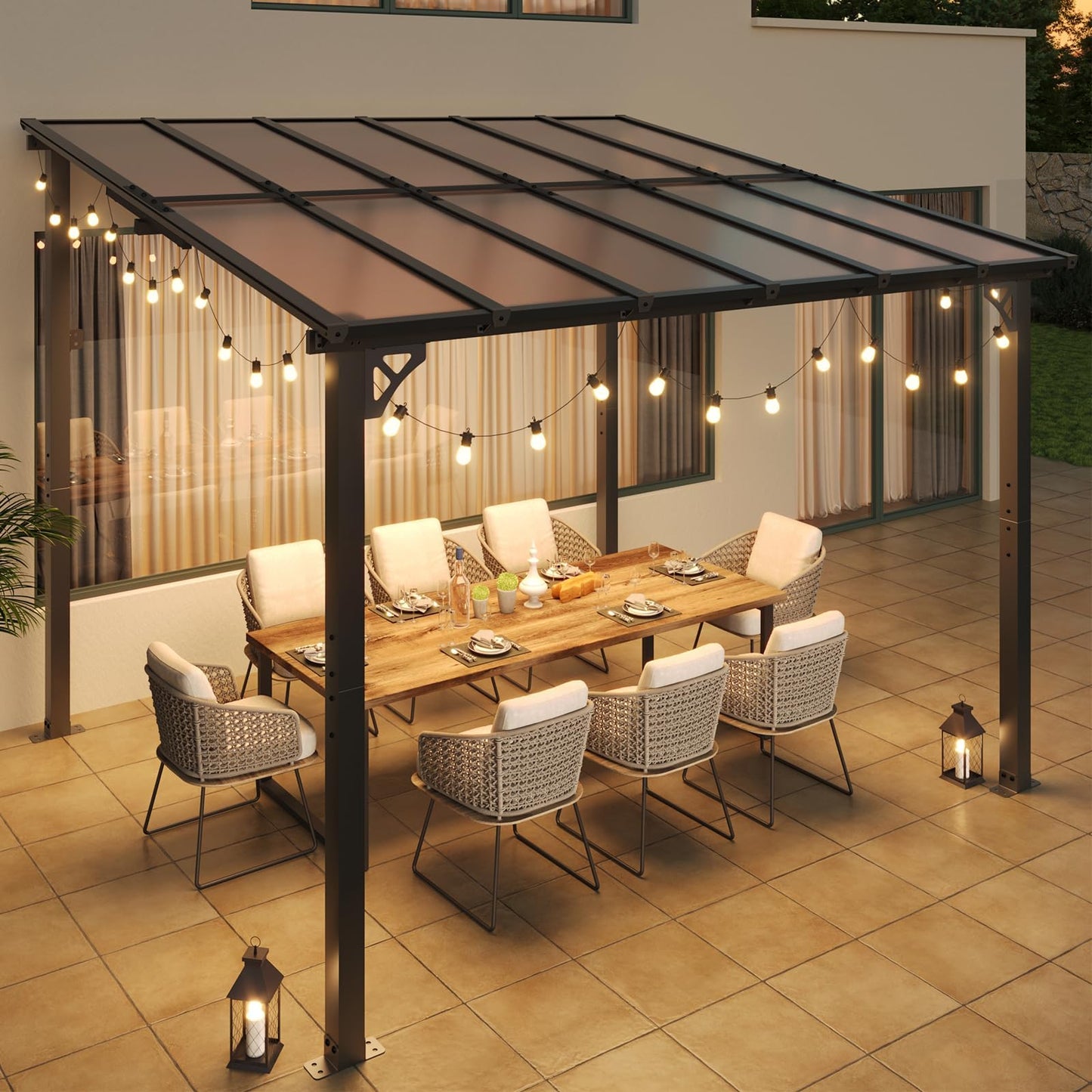 Aoxun 10' x 12' Gazebo for Patio, Gazebo Pergola with Sloped Roof, Large Wall-Mounted Heavy Duty Awnings, and LED Outdoor Waterproof Hanging Lights, for Backyard, Deck, Patio