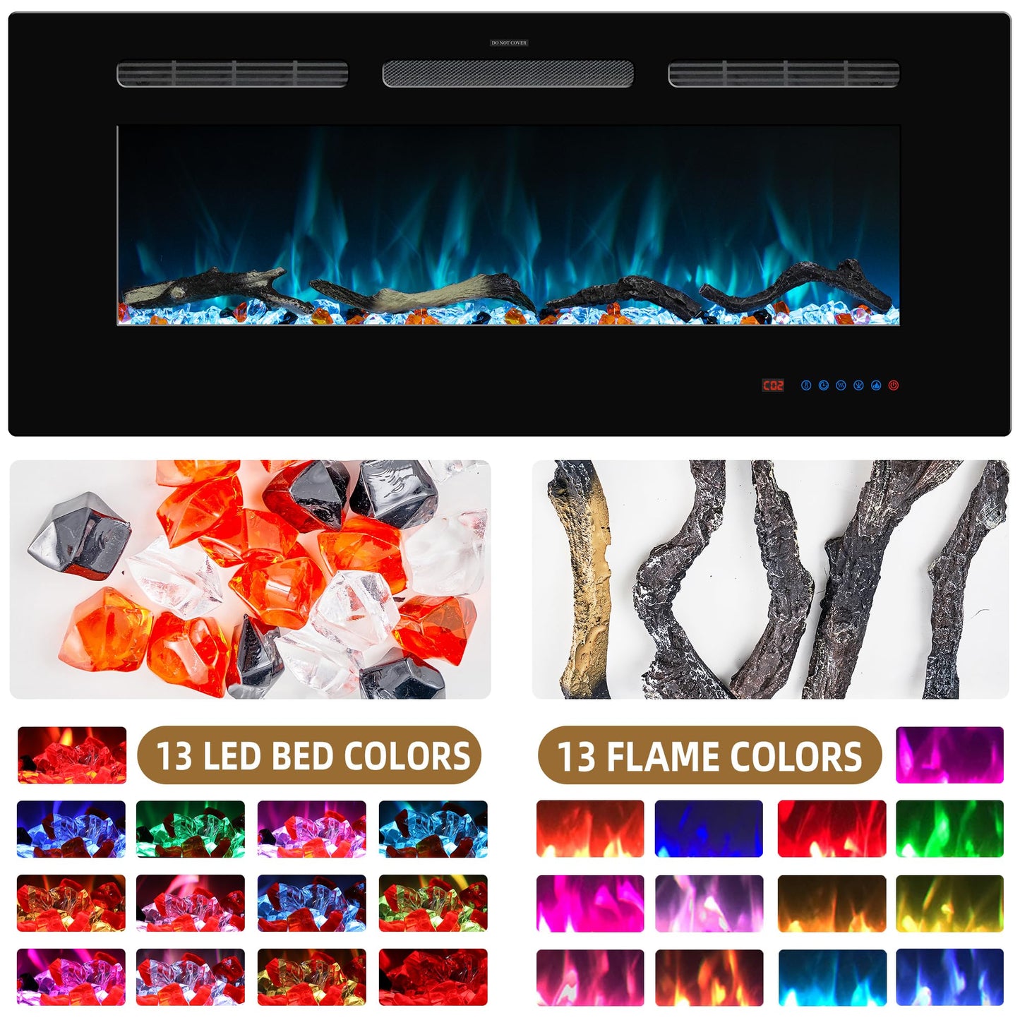 Kentsky 42 inches Electric Fireplace Inserts, Recessed and Wall Mounted Fireplace Heater, Linear Fireplace w/Thermostat, Remote & Touch Screen, Multicolor Flame, Timer, Logs & Crystal, 750W/1500W