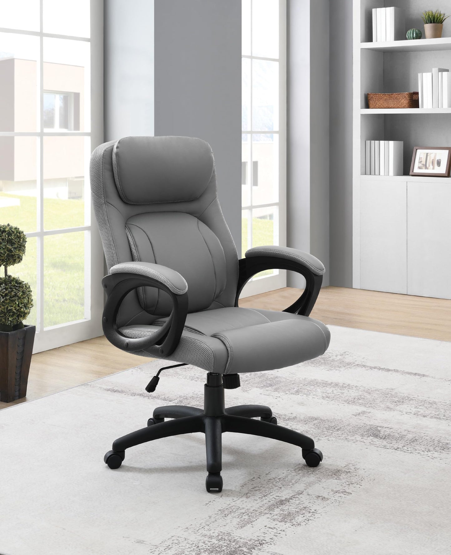 Office Star FL Series Executive Seating Faux Leather Manager's Adjustable Office Chair with Padded Arms, Charcoal Grey with Grey Mesh Accents