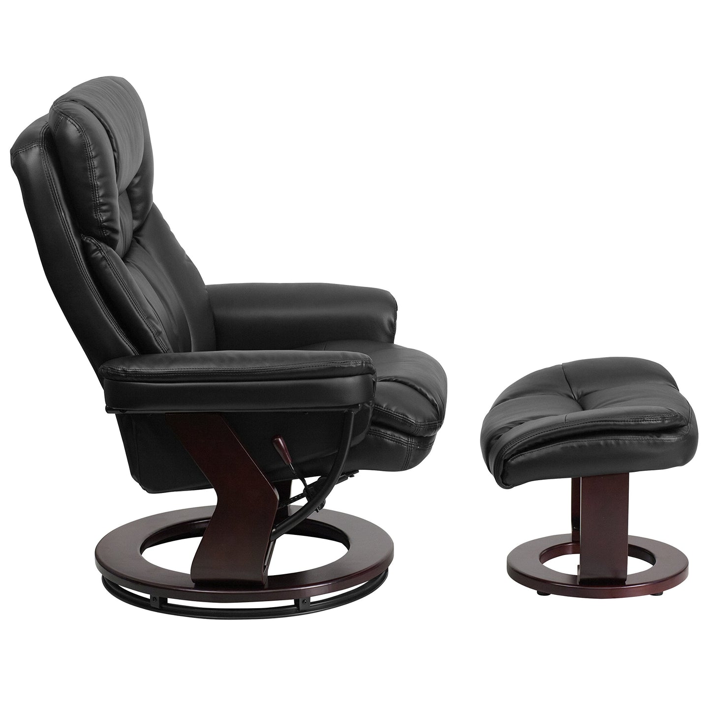 Flash Furniture Allie LeatherSoft Upholstered Recliner with Footrest, Arms, and Headrest, Padded Swivel Recliner Chair and Ottoman Set, Black