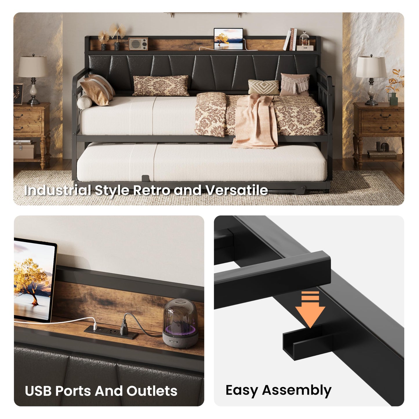 LIKIMIO Twin Daybed, Day Bed with Trundle, Storage Upholstered Headboard and Charging Station, Trundle Bed with Strong Supports for Living Room, Bedroom, and Guest Room, Black