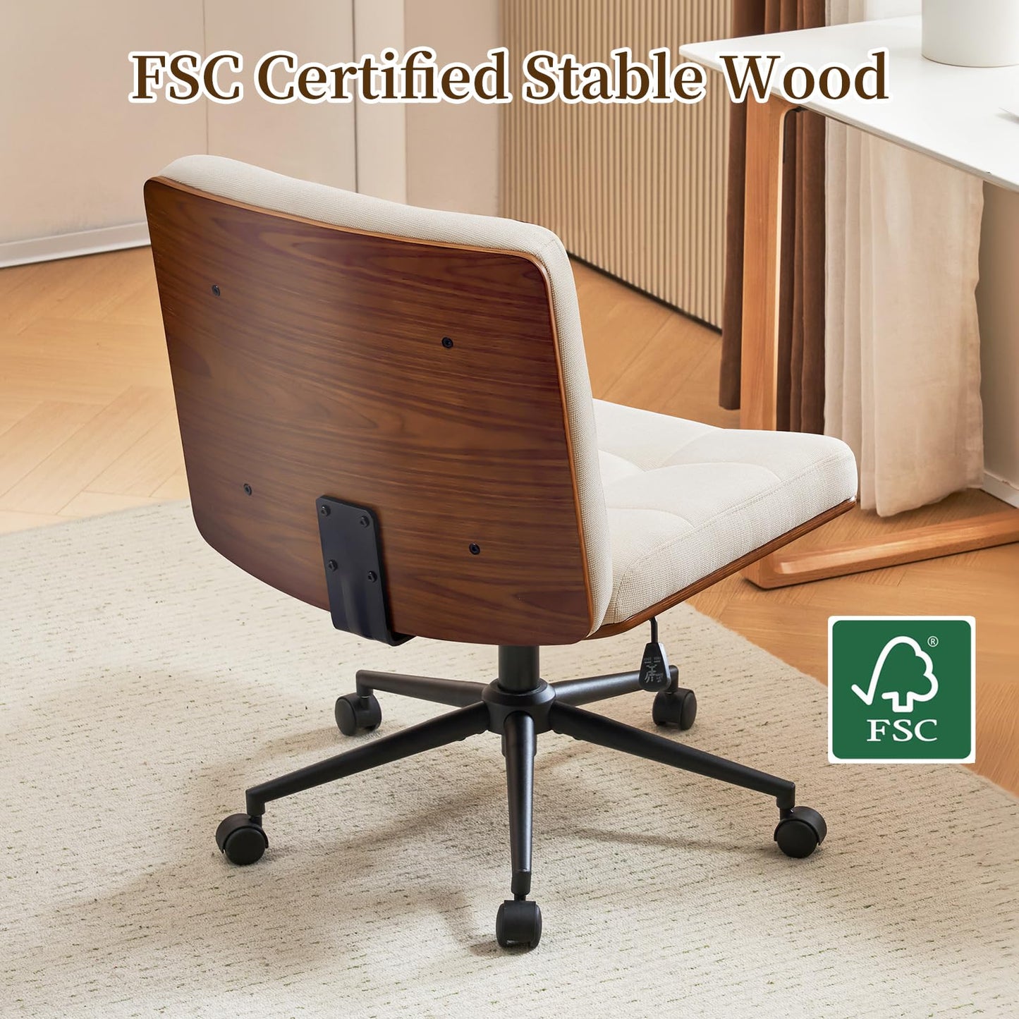 Furnimart Heavy-Duty FSC Wooden Wide Desk Chair, 360° Swivel Criss Cross Office Chair with Wheels, Comfy Cross Legged Sitting, Armless Rolling Chair for Bedroom, Office, Vanity (Linen Beige)