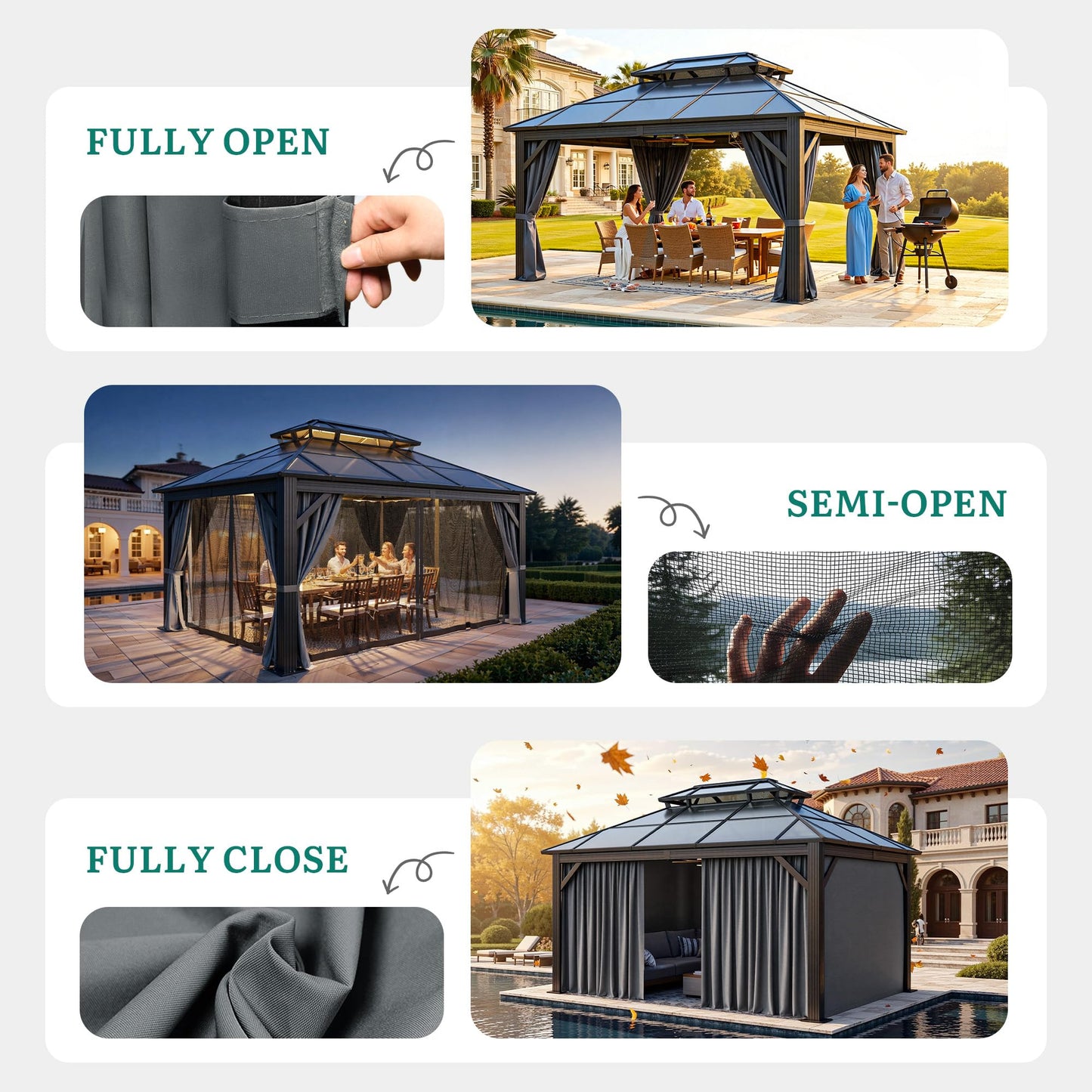 YITAHOME 10X12FT Polycarbonate Gazebo Outdoor Patio Double Top Canopy Galvanized Iron Garden Tent Curtains Netting for Backyards Decks Lawns,Gray