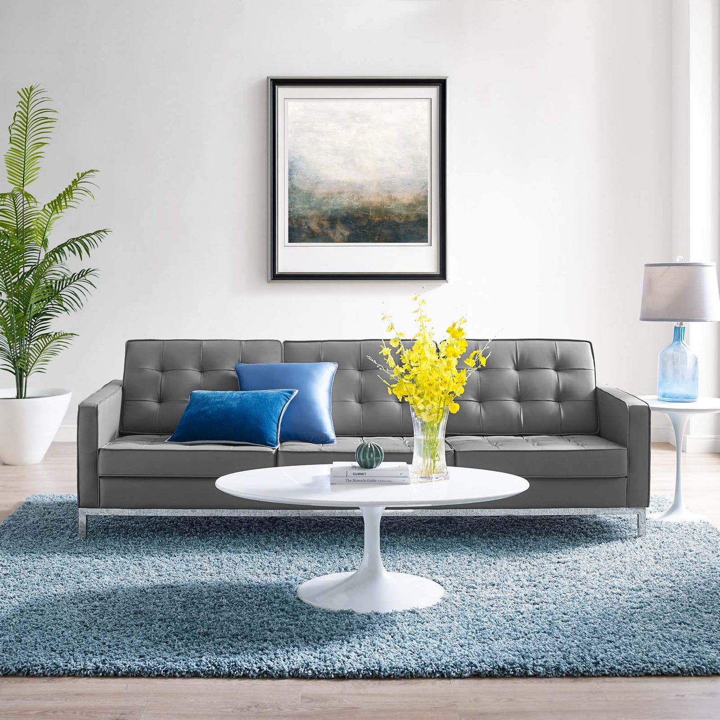 Modway Loft Tufted Button Faux Leather Upholstered Sofa in Silver Gray