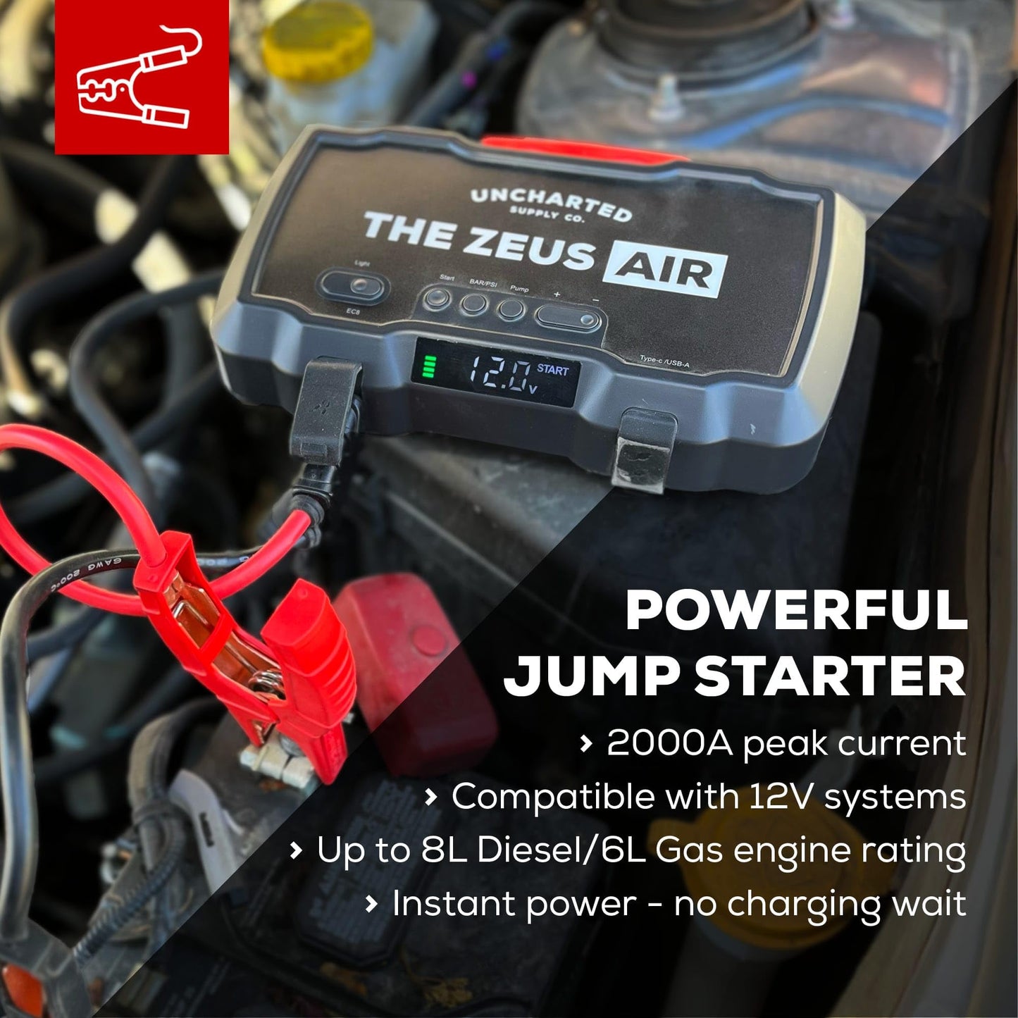 Uncharted Supply Co. Zeus Air, Portable 2000A Jump Starter, 150 PSI Tire Inflator & Compressor, 15,000mAh Power Bank with USB-C Fast Charging & LED Flashlight