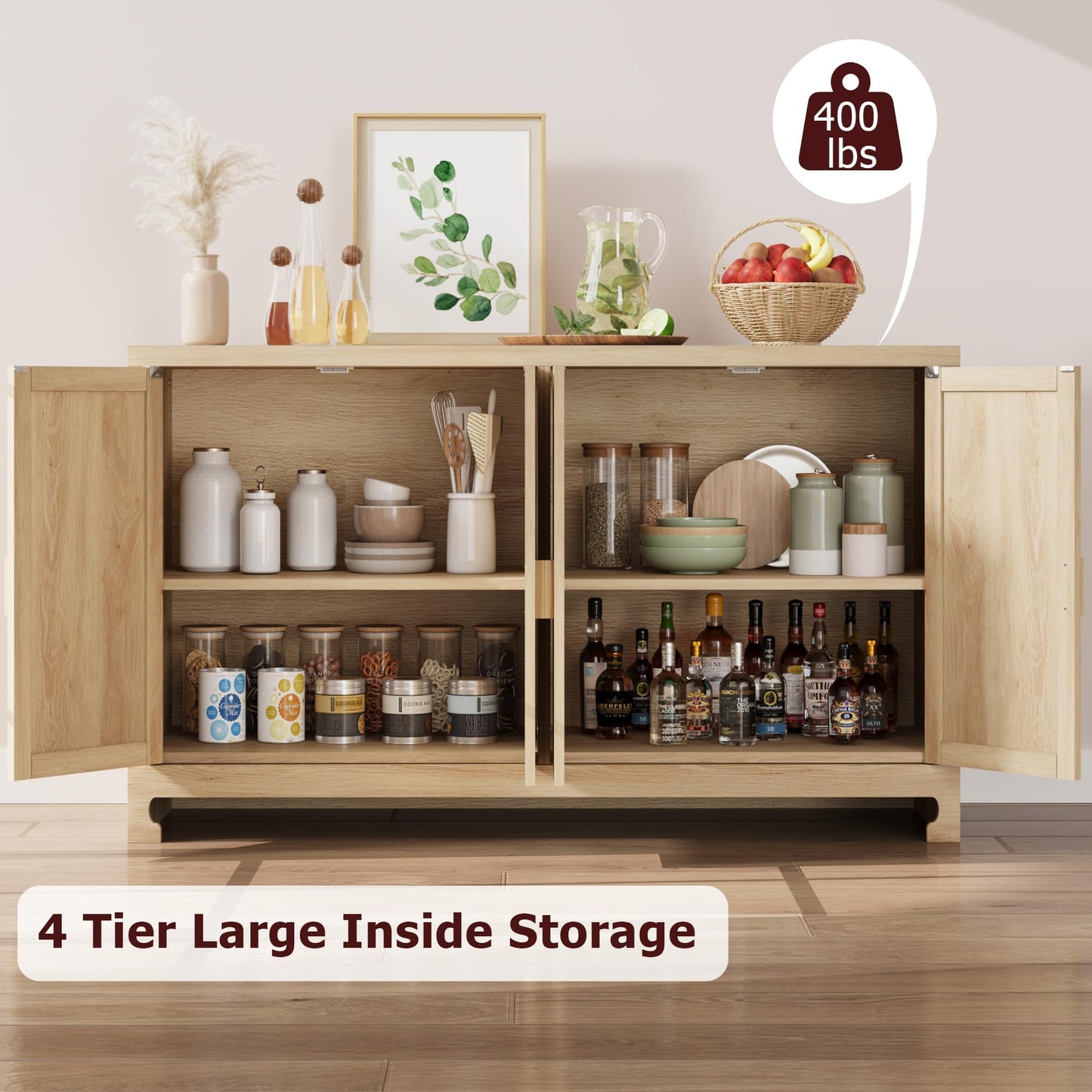 Garvee 40 in Modern Boho Storage Cabinet with Woven Rattan Doors - Adjustable Shelf, Multifunctional TV Stand, Coffee Bar & Entryway Console Table for Kitchen, Living Room (Oak Brown)