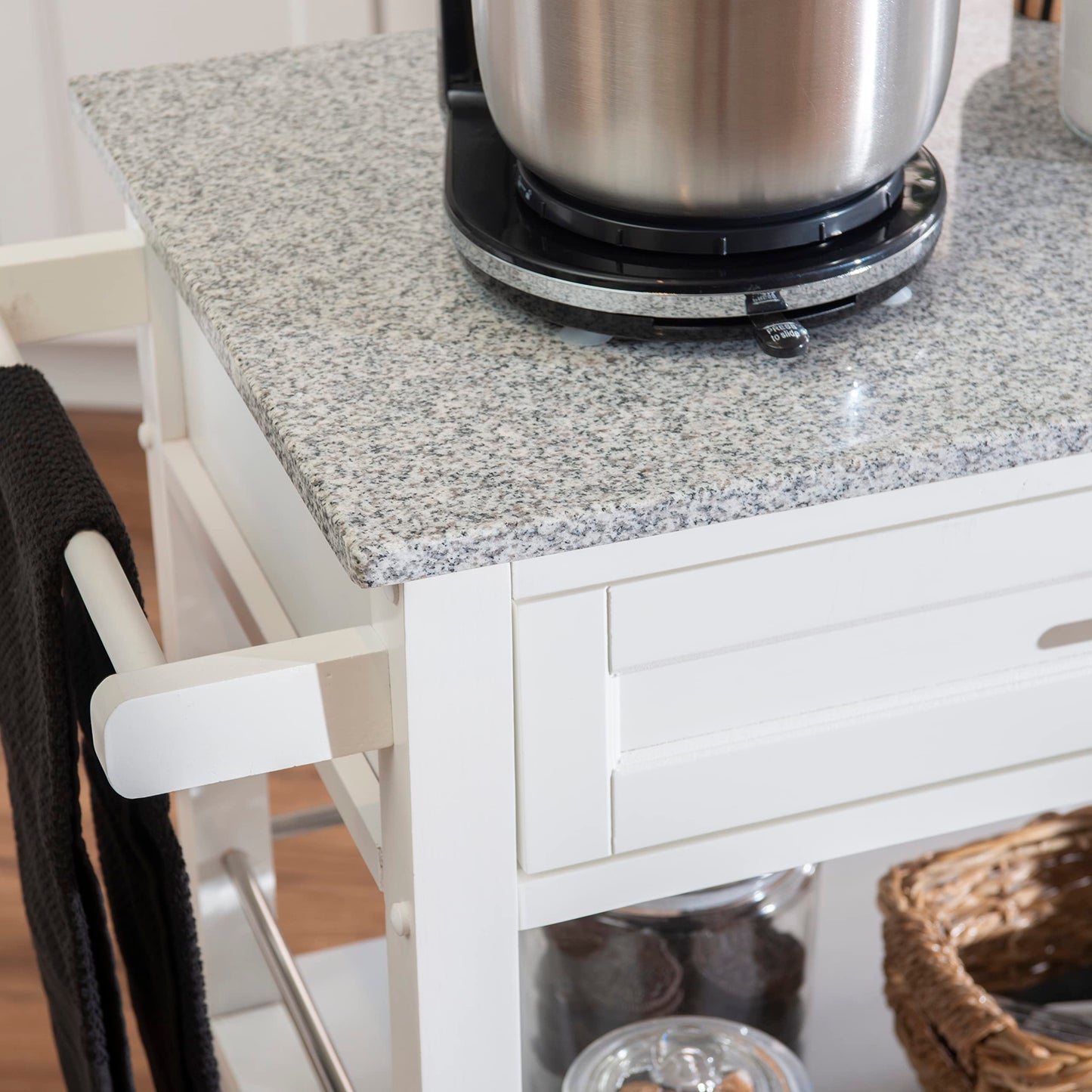 Linon Kyler White Granite Topped Kitchen Cart with Lockable Casters and Hidden Storage Spaces