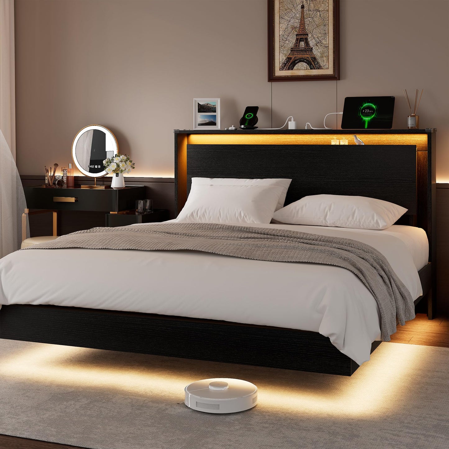 Einhomn Bed Frame Queen Size with LED Lights & Charging Station – Kids Wood Floating Queen Bed Frame with Storage Headboard, Adhesive Slats, Kick-Free & Noise-Free Design, Easy Assembly, Black