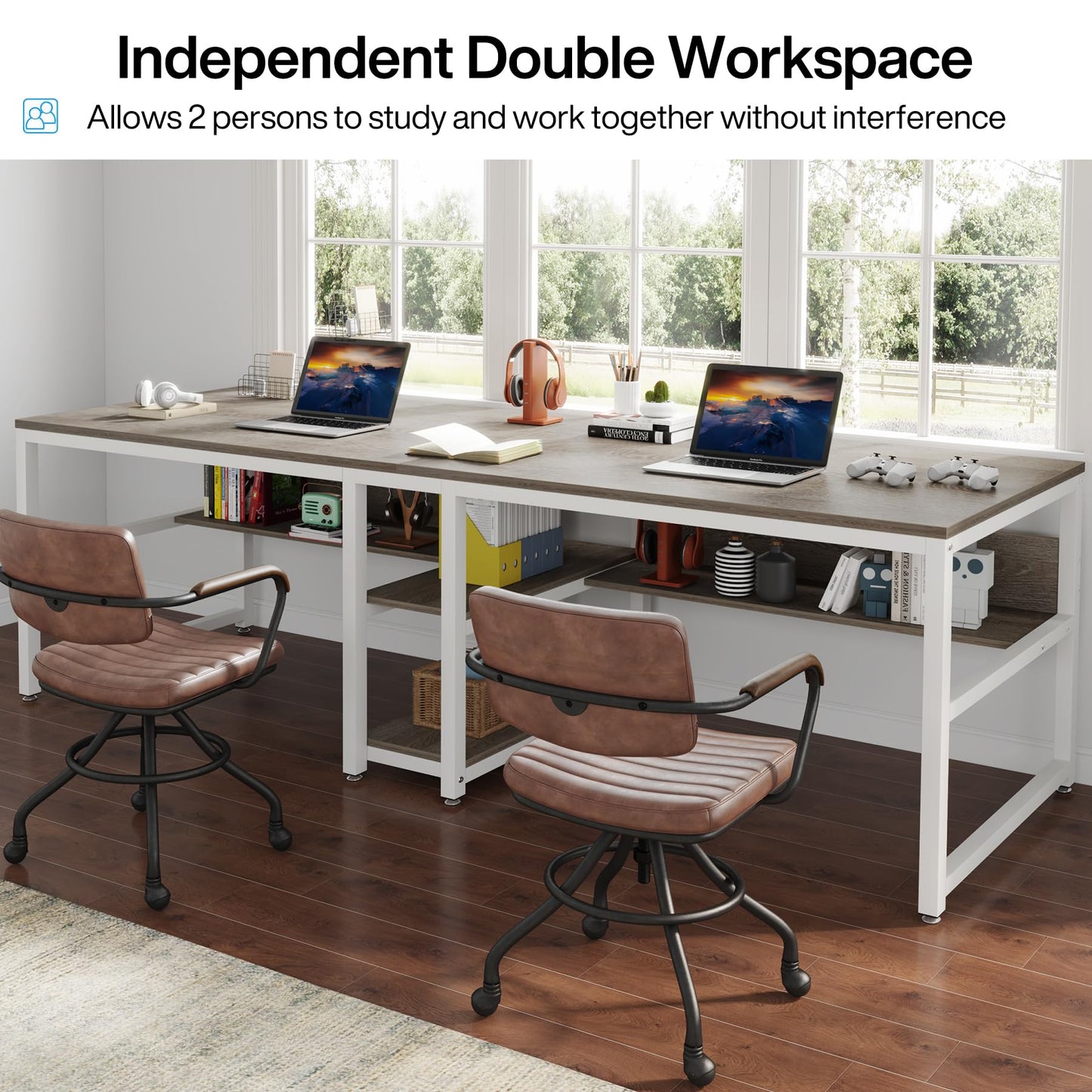 Tribesigns Two Person Desk with Bookshelf, 78.7 Computer Office Double Desk for Two Person, Rustic Writing Desk Workstation with Shelf for Home Office (Gray/White)
